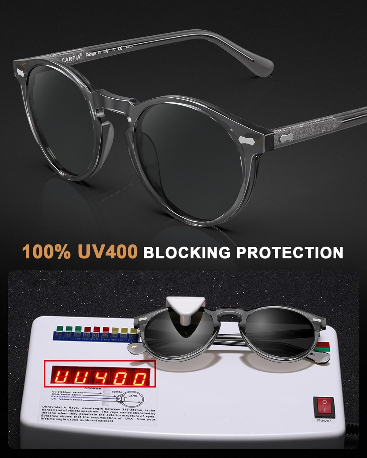 CARFIA Retro Polarized Sunglasses for Men UV400 Protection Handmade Acetate Round Frame CA5288L - Image 8