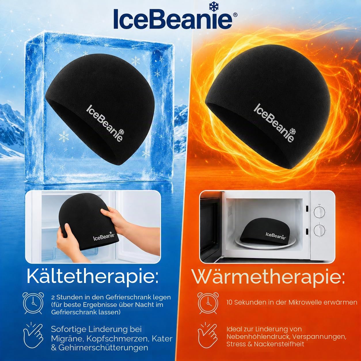 ICE BEANIE Migräne Kopfschmerzen Relief Cap, Hot & Cold Therapy Head Wrap, Schwarz, Gel, One Size, Therapeutic