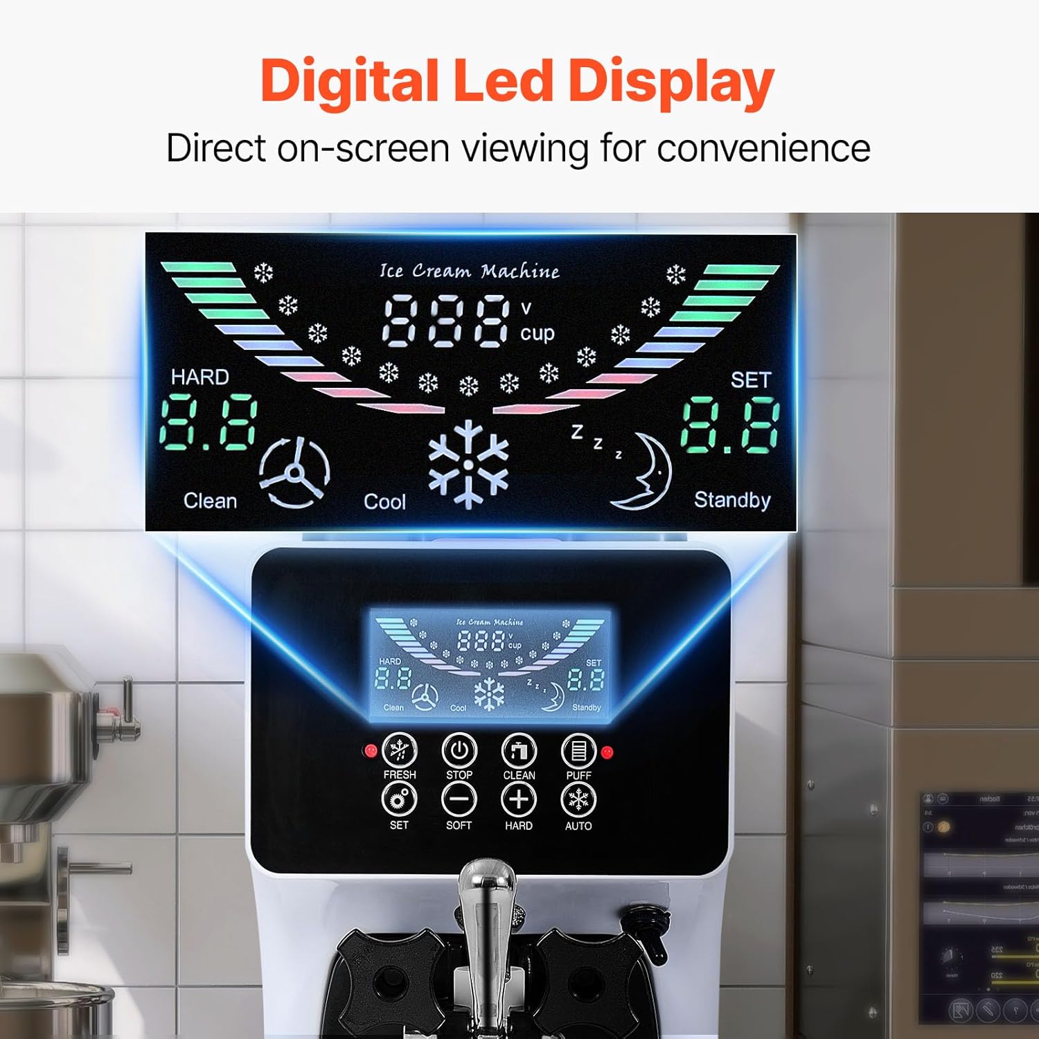 VEVOR Commercial Ice Cream Machine,1000W Single Flavor Countertop Soft Serve Ice Cream Maker with 4L Hopper 1.6L Cylinder, LCD Panel Auto Clean Pre-cooling,10.6 QT/H Yield for Restaurant Snack Bar