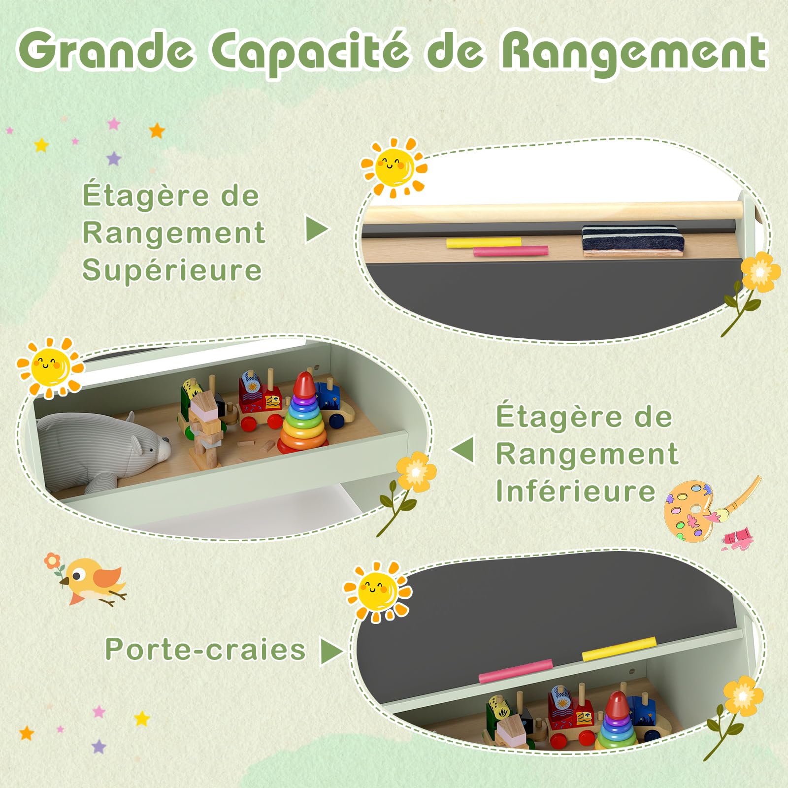 GOPLUS Tableau Chevalet Enfant Double Face en Forme d'Arbre, 2 en 1 Table à Dessin Rouleau de Papier et Étagère de Rangement,