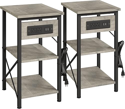 IDEALHOUSE Mesa auxiliar con estación de carga, mesa auxiliar negra de 3 niveles con puertos USB y salidas para espacio pequeño en sala de estar y