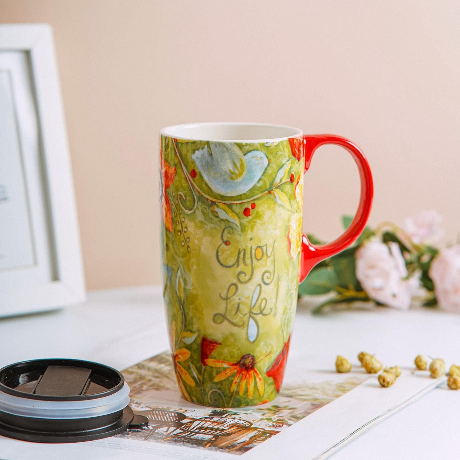 Topadorn Ceramic Coffee Cup Ceramic Travel Mug Porcelain Latte Mug with Lid 17oz. Coffee Cup with Handle. Enjoy Life - Image 6