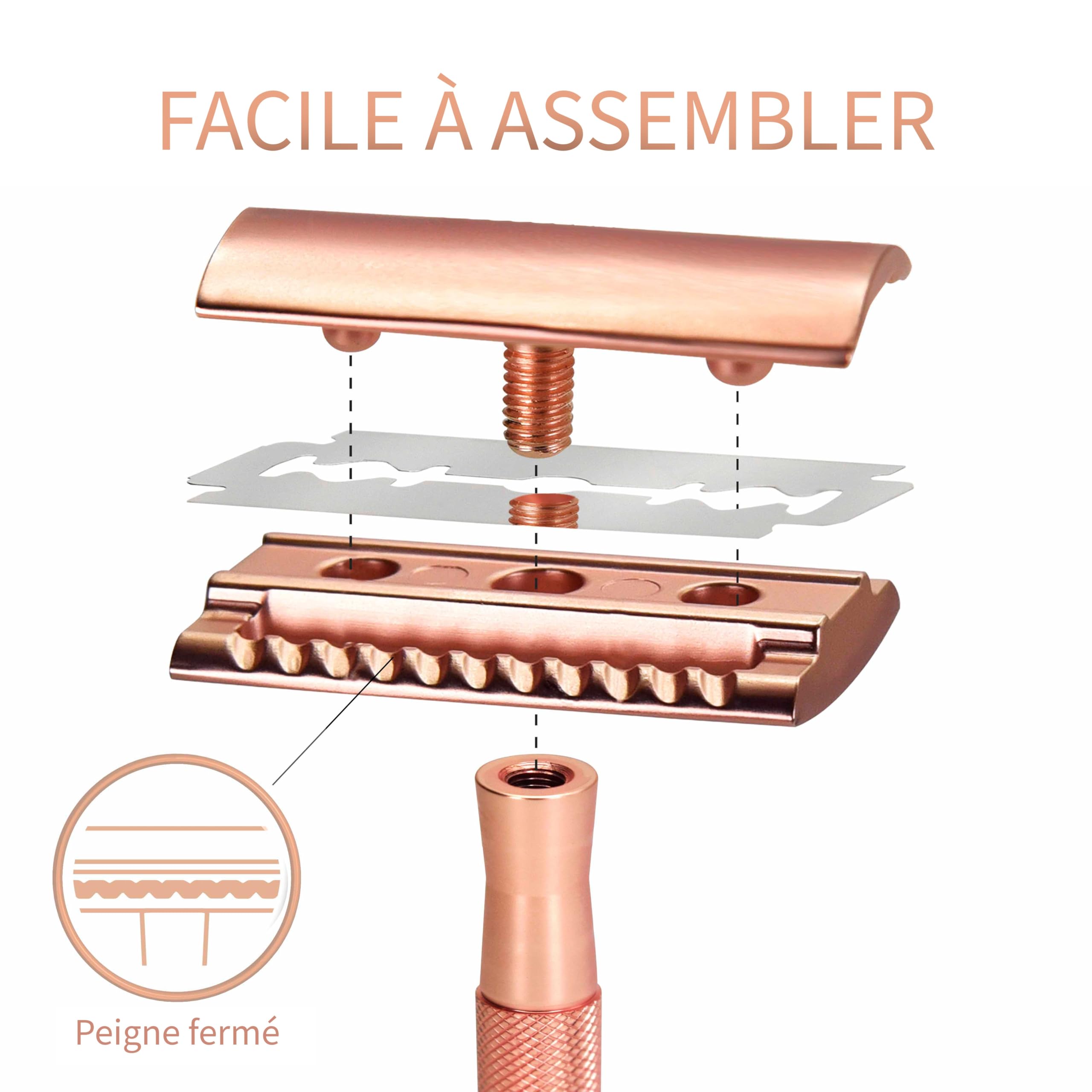 Bambaw Rasoir de Securite Femme en Métal avec 5 Lames de Rechange en Acier inoxydable Suédois, Rasoir Manuel Femme pour un Rasage Net et Lisse, Durable et Facile à Utiliser (Or Rose)