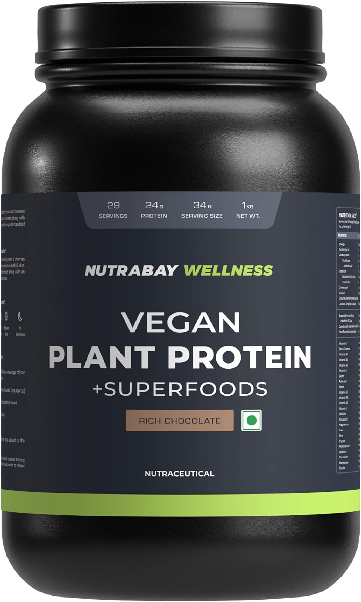 Nutrabay Wellness Vegan Plant Protein Powder + Superfoods 24g Protein per Serving – Complete Amino Acid, Pea & Brown Rice, Sugarfree – 1kg, Rich Chocolate | 100% Authentic Clean Protein