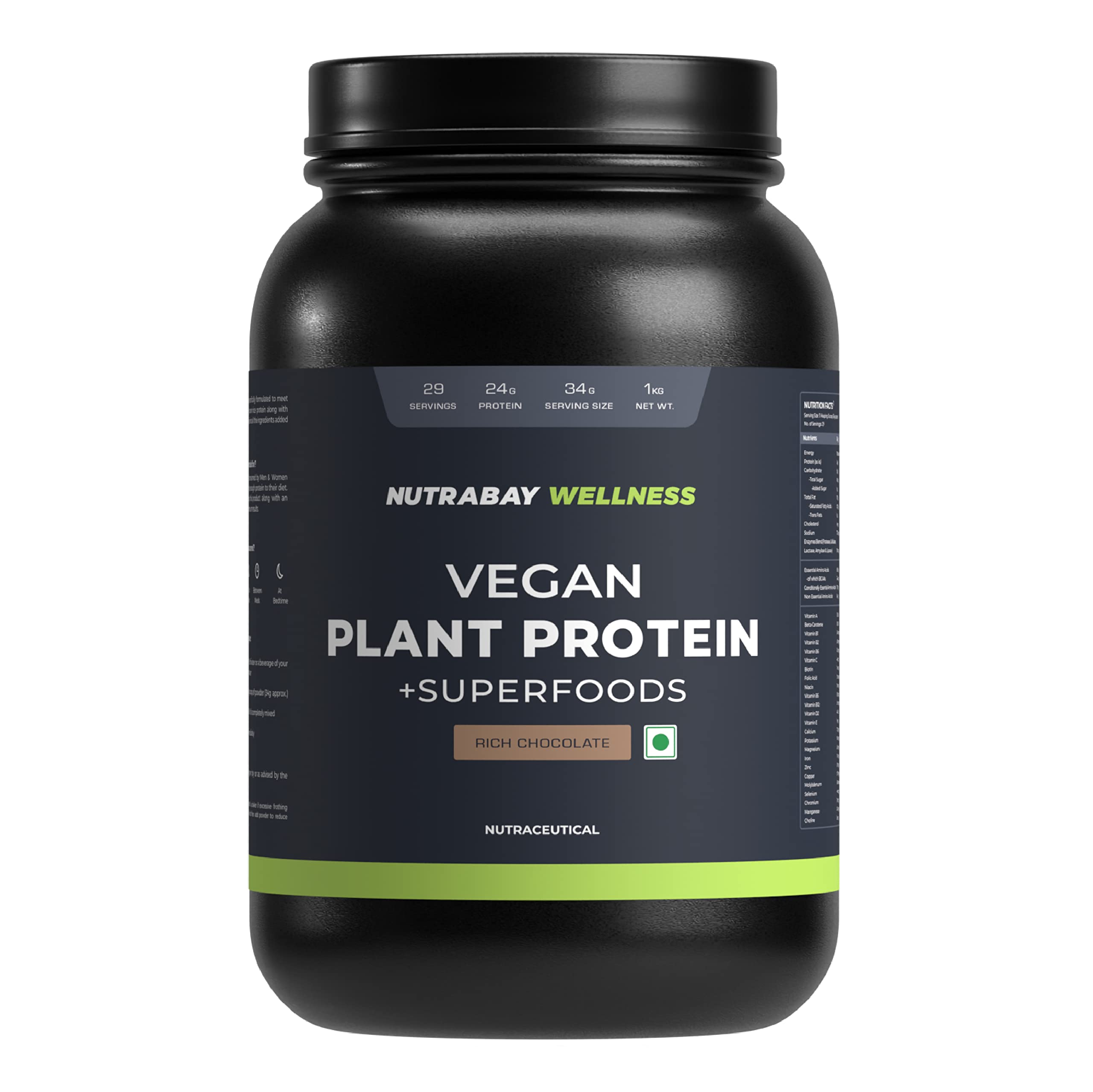 Nutrabay Wellness Vegan Plant Protein Powder + Superfoods 24g Protein per Serving – Complete Amino Acid, Pea & Brown Rice, Sugarfree – 1kg, Rich Chocolate | 100% Authentic Clean Protein