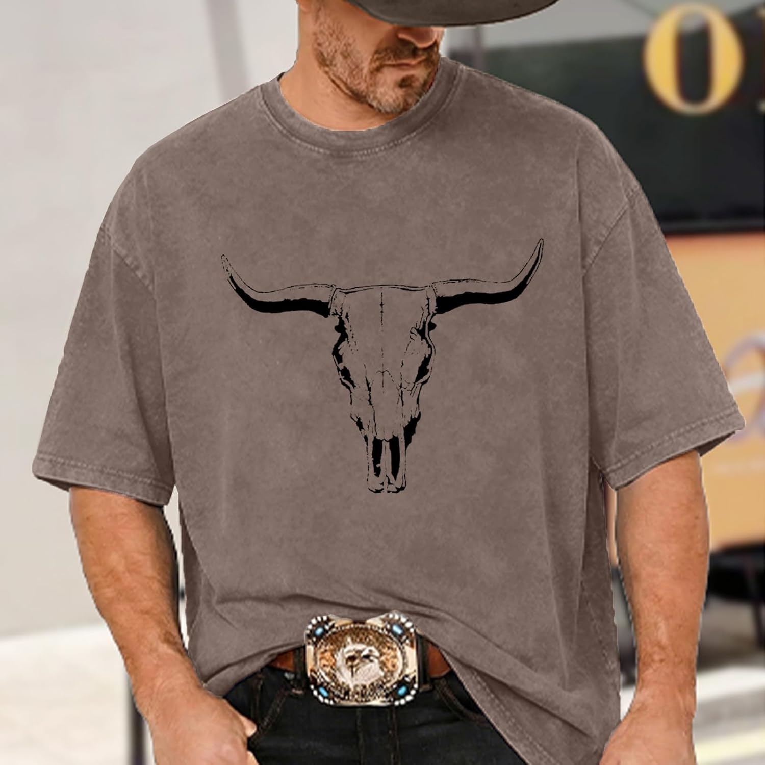 Boho Cow Skull Shirt for Men Western Cowboy Vintage T-Shirts Oversized Rodeo Graphic Tee Bull Skull Short Sleeve Tops image 3