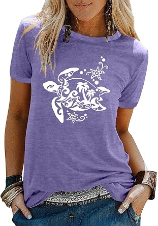 Graphic Tees for Women Vintage Sea Turtle T Shirts Hawaiian Beach Tshirts Summer Casual Short Sleeve Tops