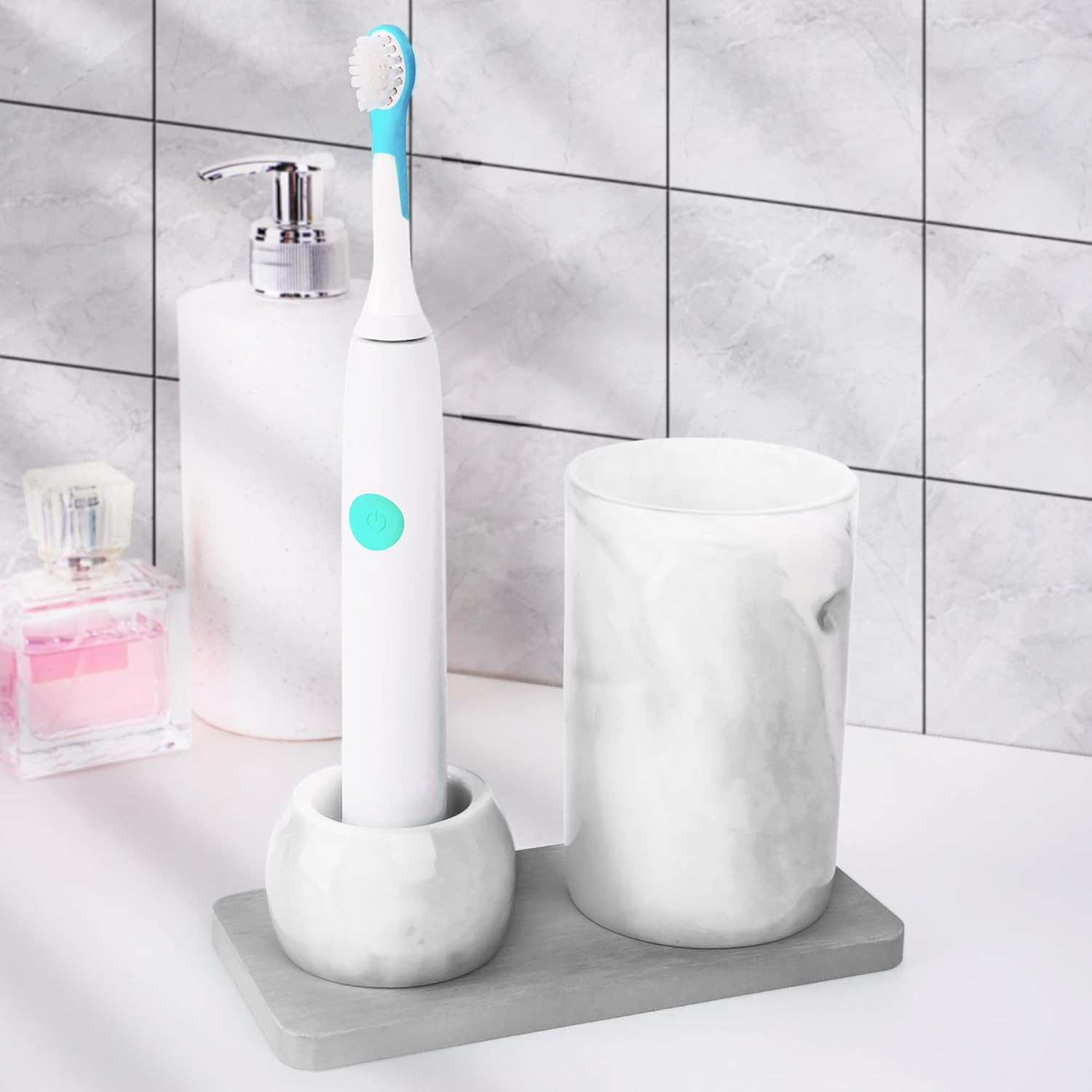 Ceramic Toothbrush Holder & Toothbrush Cup with Diatomite Tray for Bathroom, Bathroom Tumbler Cups Reusable Toothbrush Mouthwash Cup, Shower Counter Storage Organizer (Grey)