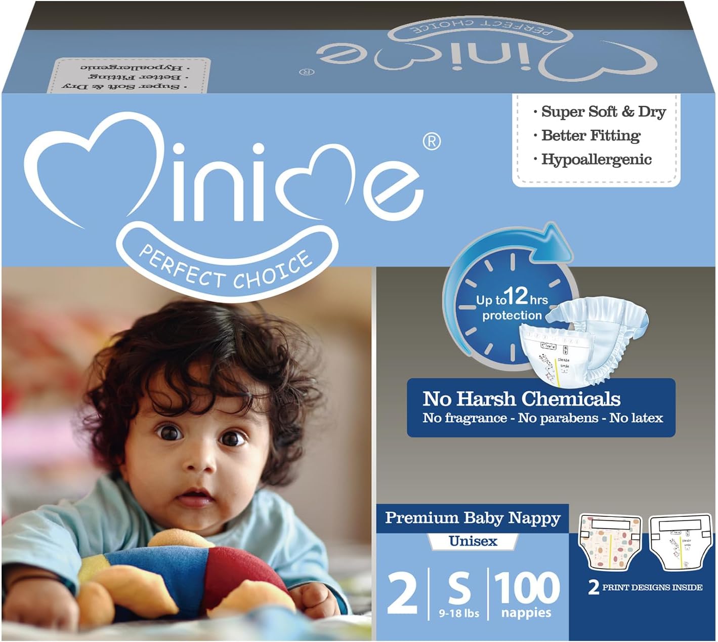 Minime Baby Diapers - Size 2 (9-18 lbs), Small, 100 Count, Premium Ultra Soft Disposable Baby Diapers, Hypoallergenic, Fragrance Free
