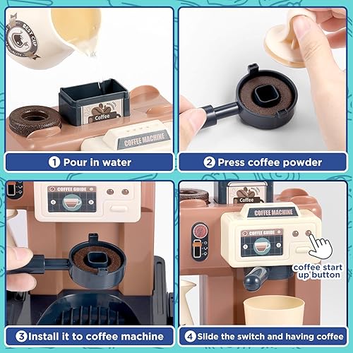 Miniatura 5 de GAGAKU Máquina de café de juguete y caja registradora con luz de sonido, juegos de cocina para niños, electrodomésticos de cocina de juguete para
