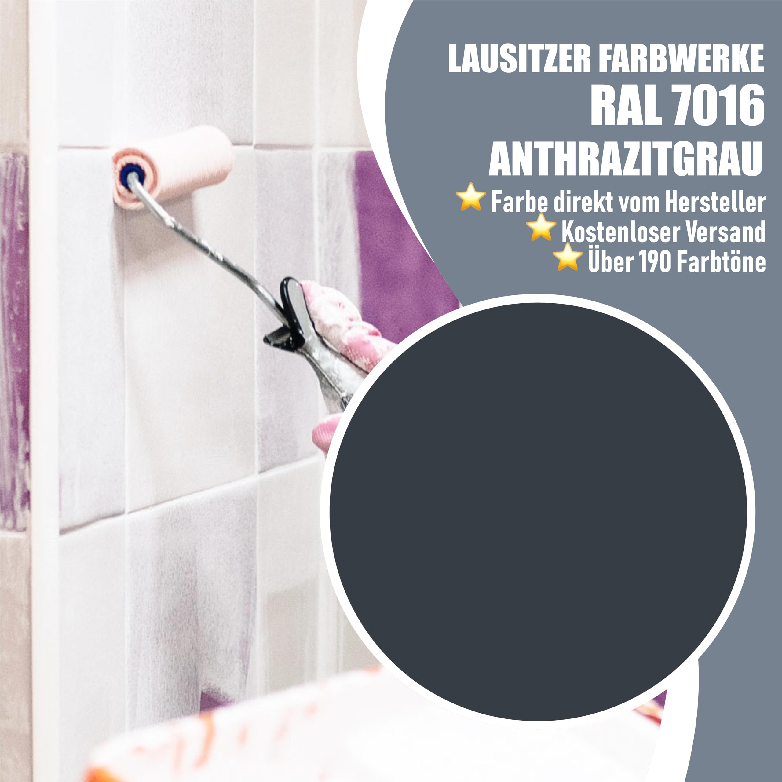 Fliesenlack 2in1 SEIDENMATT Anthrazitgrau RAL 7016 Grau Grundierung+Lack für Innen & Außen Decklack - besonders robust & schnelltrocknend - Lausitzer Farbwerke (2,5 L)