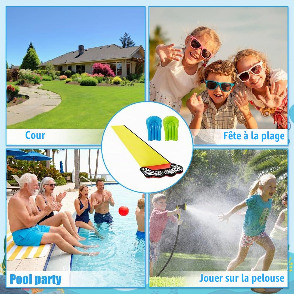 Toboggan Aquatique, 480 x 70cm Toboggan pour Pelouse, Tapis de Glisse Eau Enfant avec Arroseur D'éclaboussures, 2 Planches Gonflables, pour Pelouse et Jeux d'eau en Extérieur (Jaune)