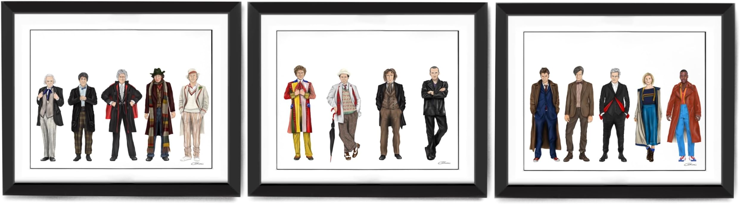 Dr Who Art Prints | A4 size | Set of 3 prints | 14 Doctors | Peter Capaldi | Jodie Whittaker | Tom Baker | Matt Smith | David Tennant | Hand Drawn Illustrations