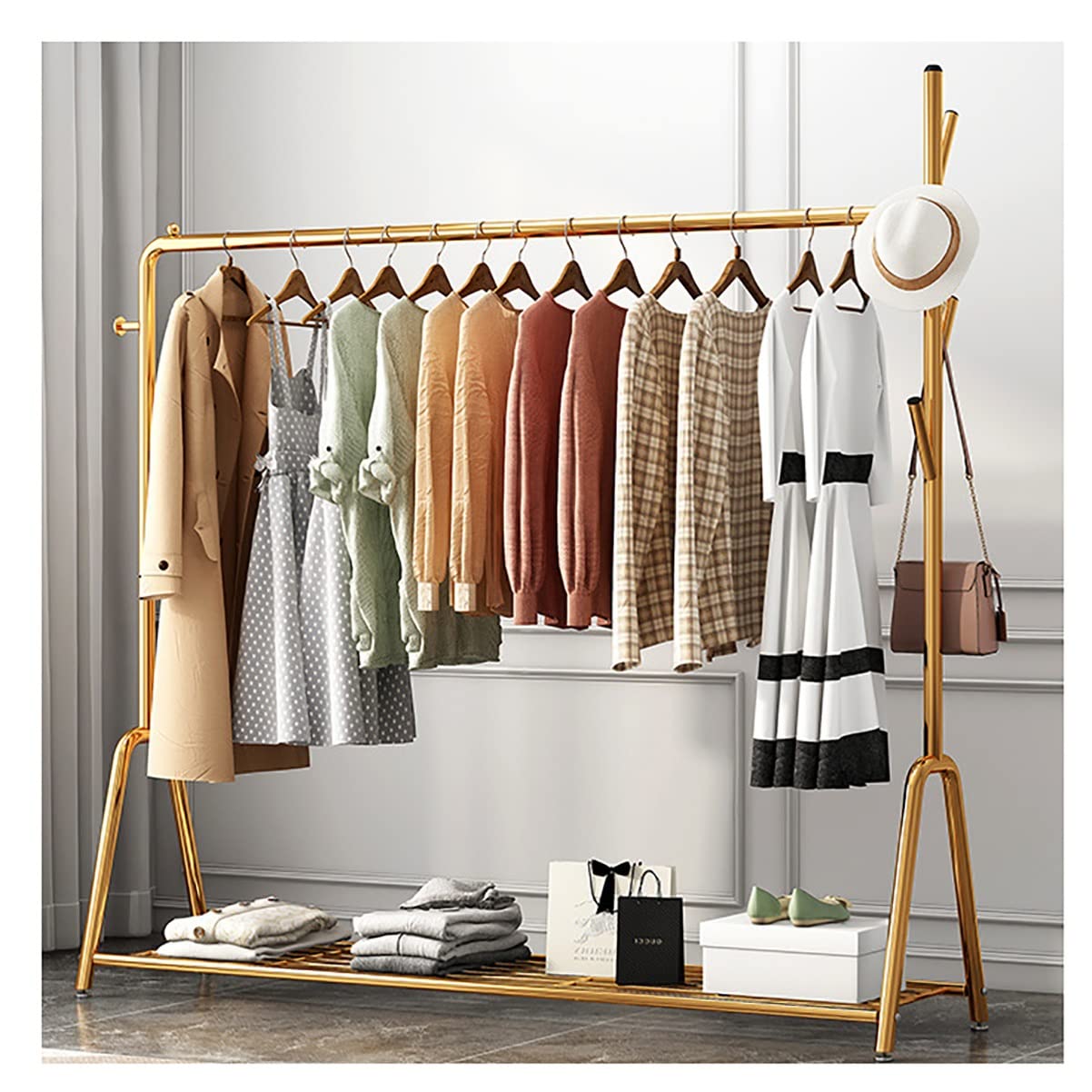 Clothes Rod Rack Shoe Bench Coat Stand Rack Hanger Metal Garment Rack Stand with Top Rod and Storage