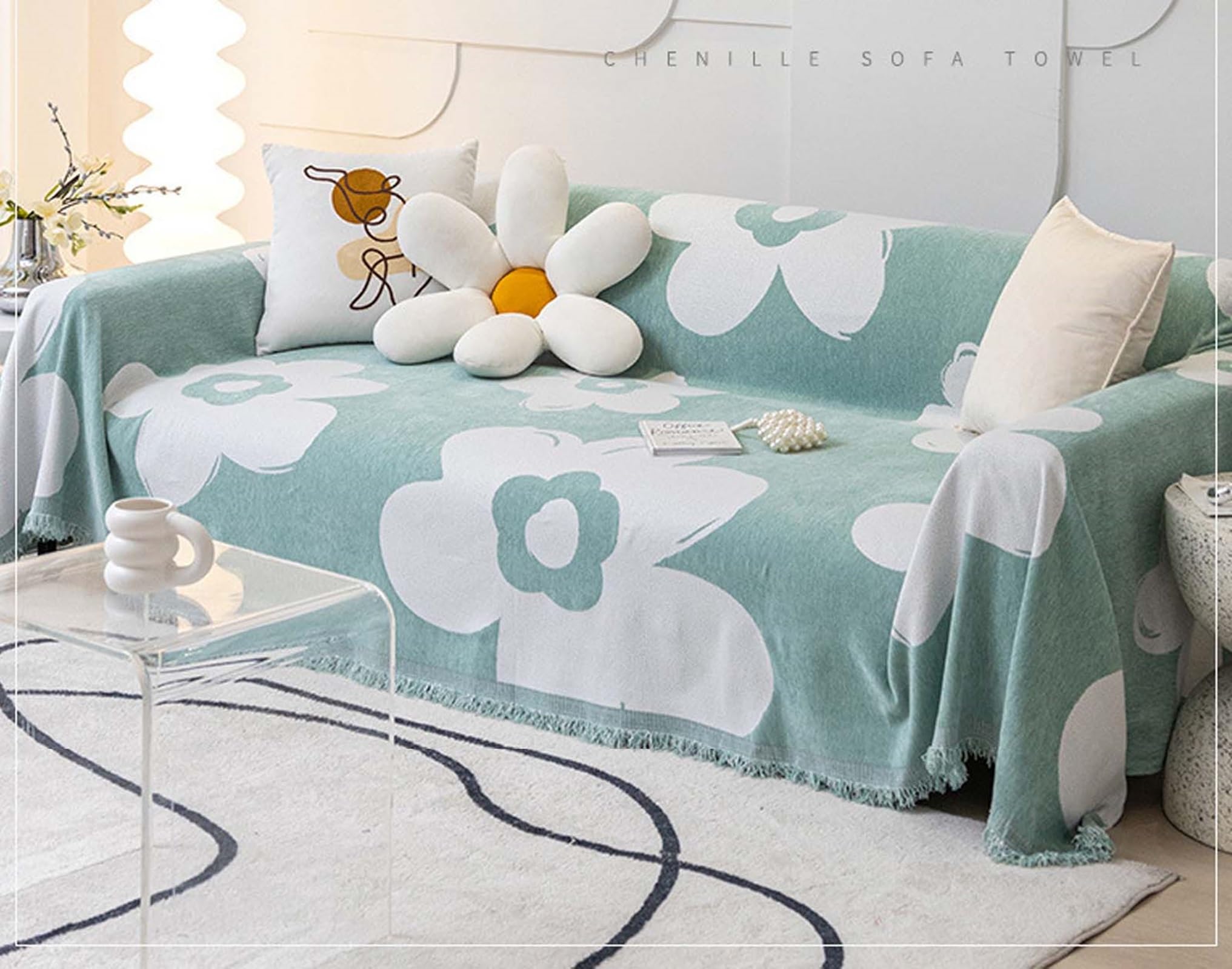 Plaid Couverture Canapé, 180x380CM, Convient à 4 Places, Motif Fleurs à Franges, Vert Clair, Housse de Canapé Chenille Protection, Anti Griffe de Chat