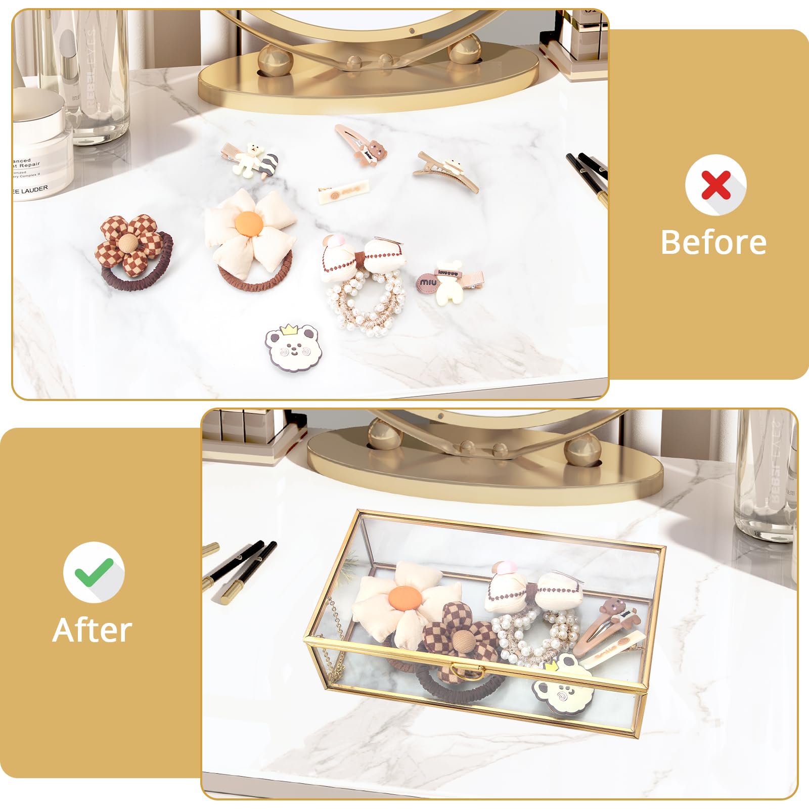 QLQSIMON 8" Copper Golden Vintage Glass Box- Decorative Glass Jewelry Box for Rings Bracelet- Keepsake Display Clear Box- Rectangle Lidded Box Organizer for Home Decor