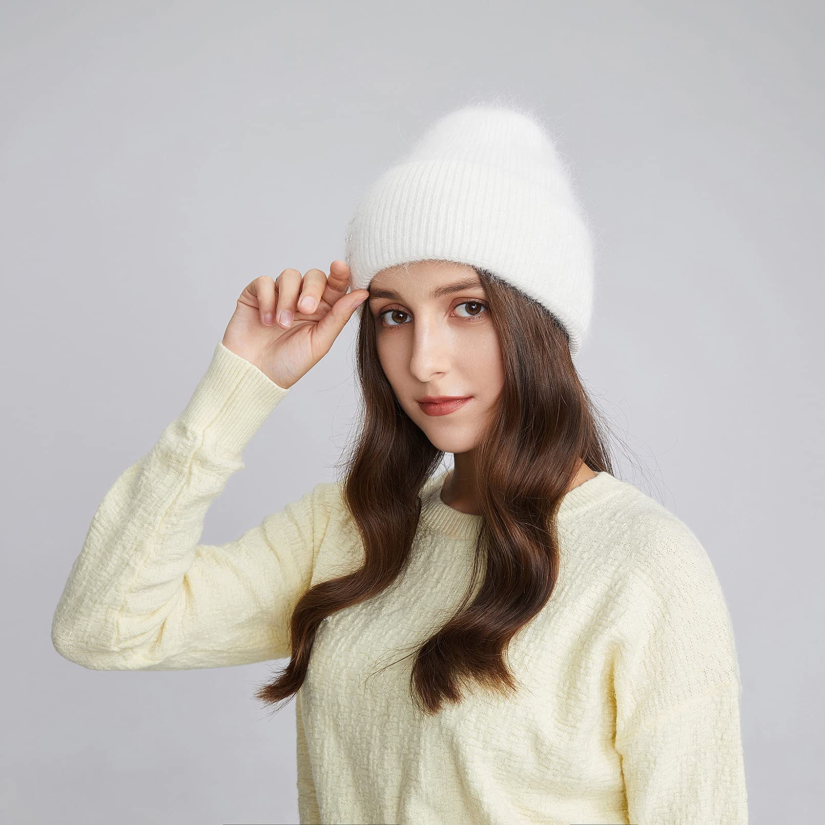 BeFur Bonnet à pompon en cachemire pour femme - Chaud - Côté large avec strass - Pour l'hiver, Blanc., Taille unique