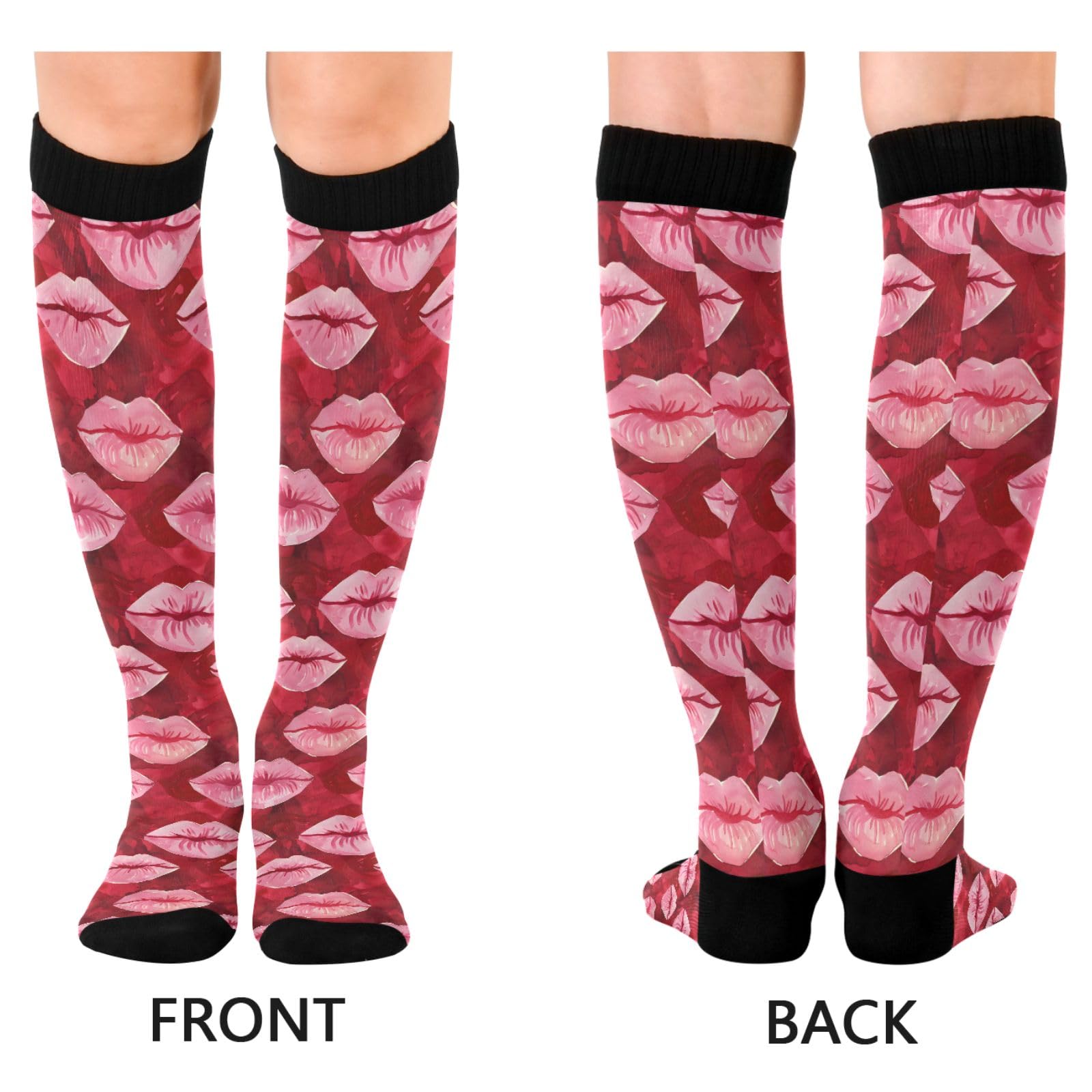 ALAZA Athletic Compression Socks Knee High Socks Stockings for Women Red Lips 2 Running Circulation Sport Football