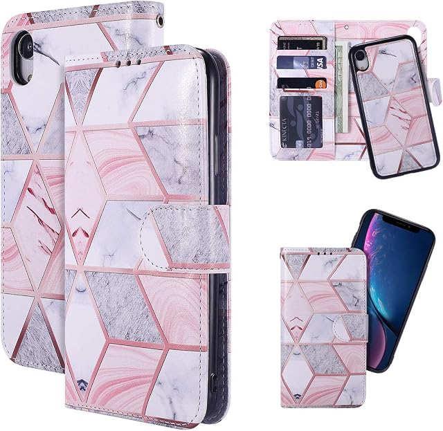 QLTYPRI Case for iPhone XR, Premium PU Leather Rubber Silicone Bumper Credit Card Holder Cash Pocket Magnetic Detachable Wallet Case Cover for iPhone XR - Pink Marble