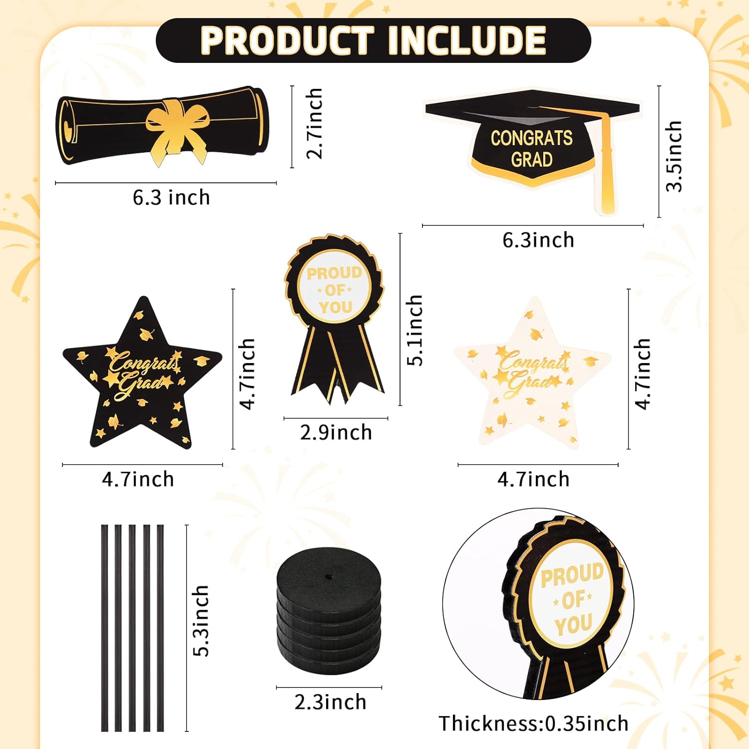 2026 Graduation Decorations, 5Pcs Black Gold White Wooden Table Centerpieces Decor Include Grad Cap Diploma Star Supplies Medal Sign, of Congrats Graduation Day Class Party Decoration. Black/Gold/White