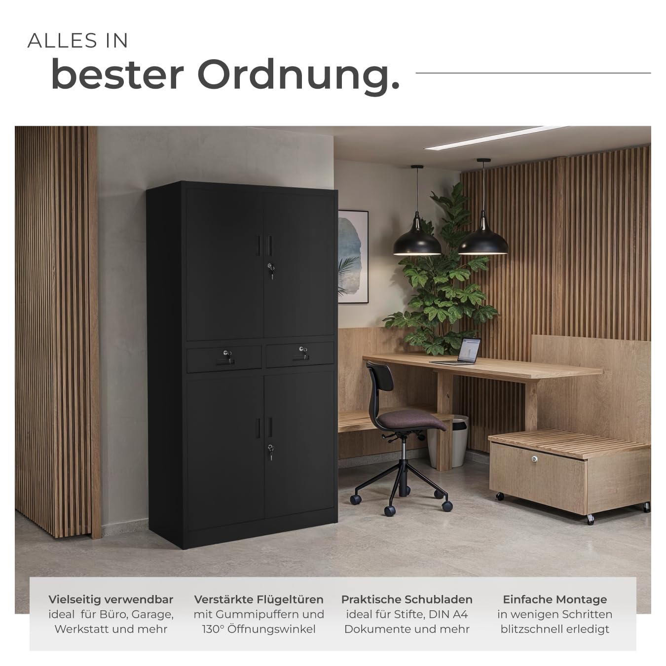 tectake® Aktenschrank, Mehrzweckschrank aus Stahl, Allzweckschrank, Aktenschrank abschließbar, 2 Schrankabteilen, 2 Schubladen, Türen und Schloss, Büroschrank, Werkzeugschrank, 180x80x40cm - schwarz