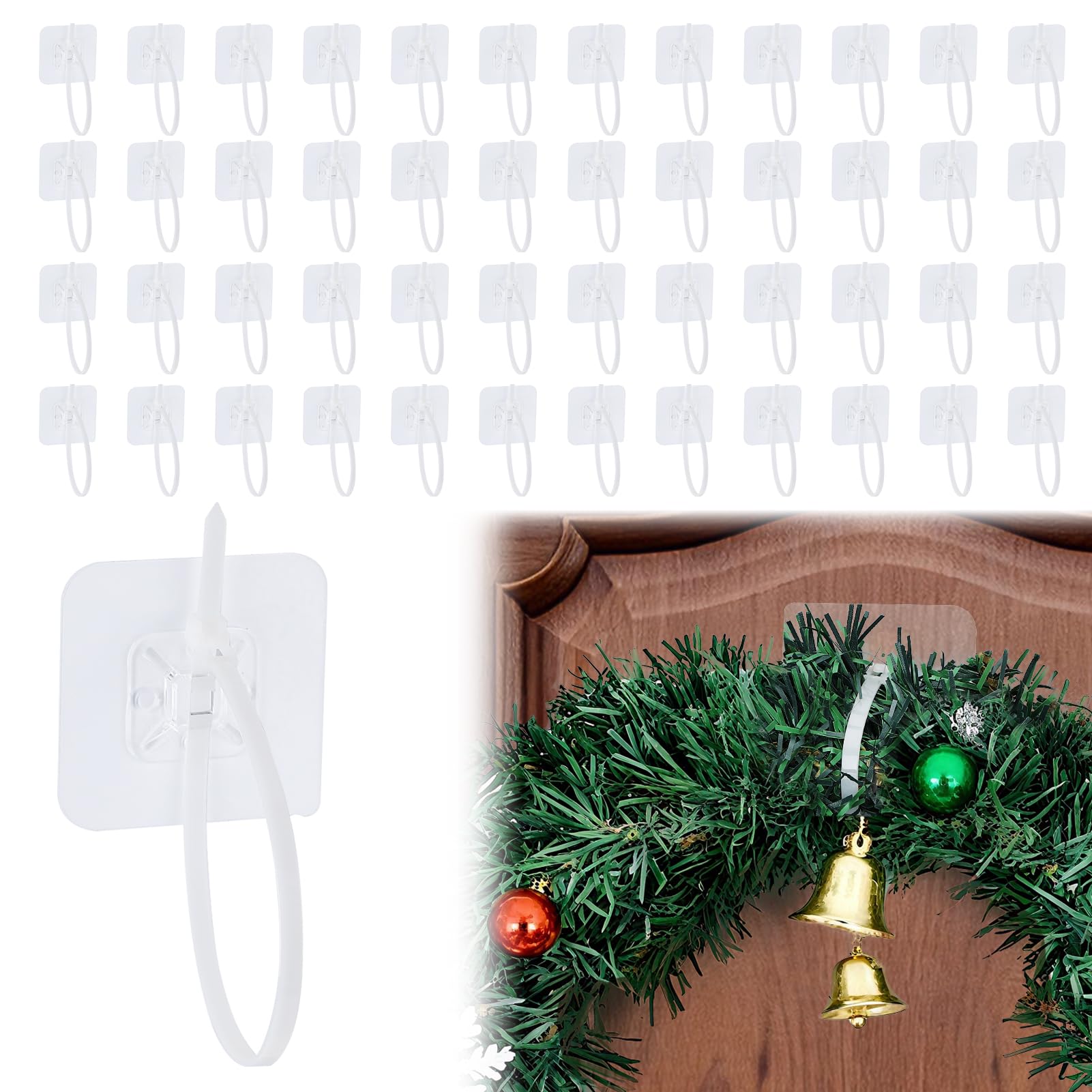 Acostop 48 Pcs Christmas Garland Hangers for Mantle - No Drill & Strong Load-Bearing Hooks, Adjustable Ties for Window Fireplace Front Door Xmas Stocking Holders Wreath Decorations