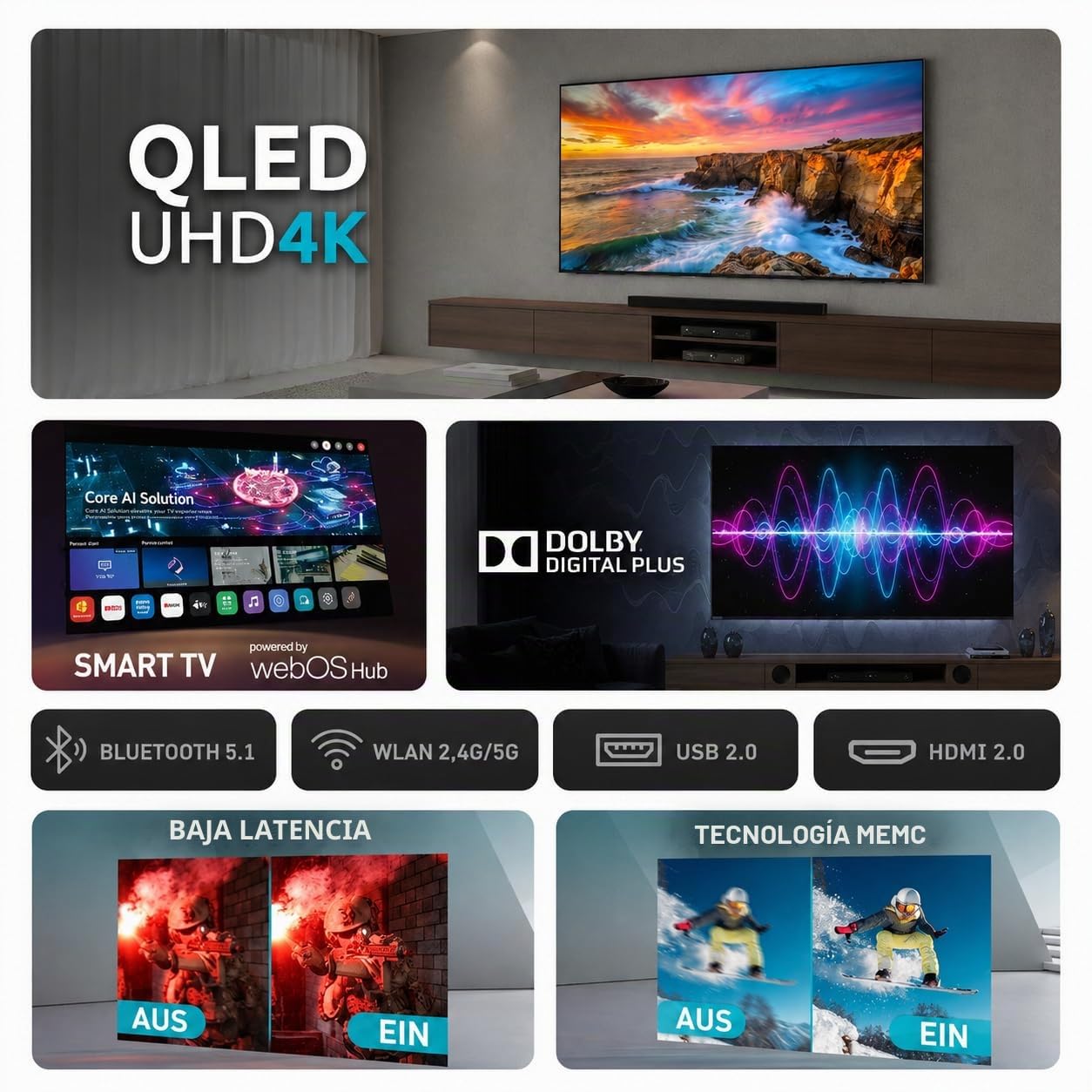 Nilait Luxe 50UD8004SWOS Smart TV 50 Pulgadas QLED 4K UHD, WebOS, HDR, Dolby Audio, WiFi, Ultra Slim, Televisor Inteligente 50"