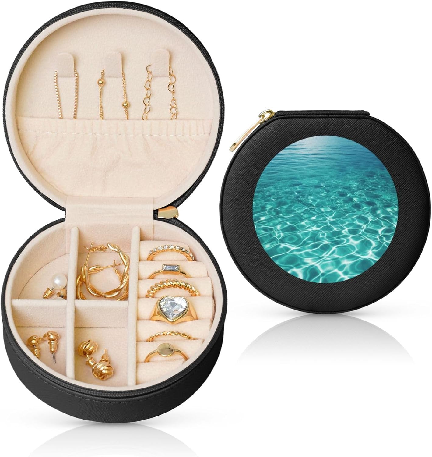 Small Jewelry Box Leather Travel Jewelry Case Waterproof Round Jewelry Organizer Black For Womens Rings Necklaces Gifts Blue Aqua Pool Water