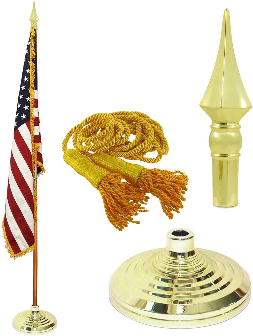 Indoor American Cotton Flag, Flagpole, Base & Tassel (Spear Plastic, 7 Ft Oak Pole)