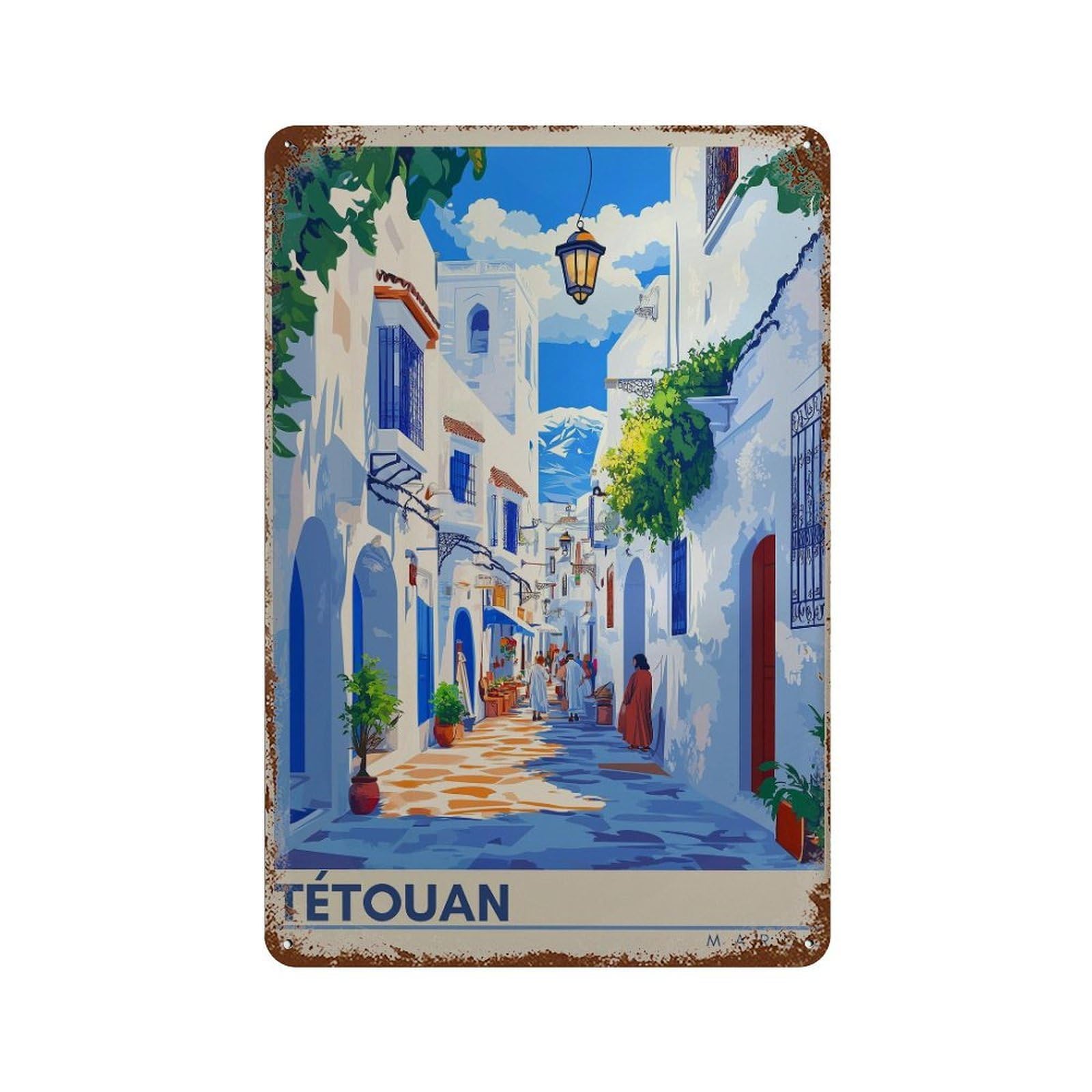 xiaoxiaoshen Tetouan Morocco Travel Mediterranean Village Wall Decor Art Metal Tin Poster Modern Home Decor Art Home Bar Shop Decorations Vintage Sign 30x20cm