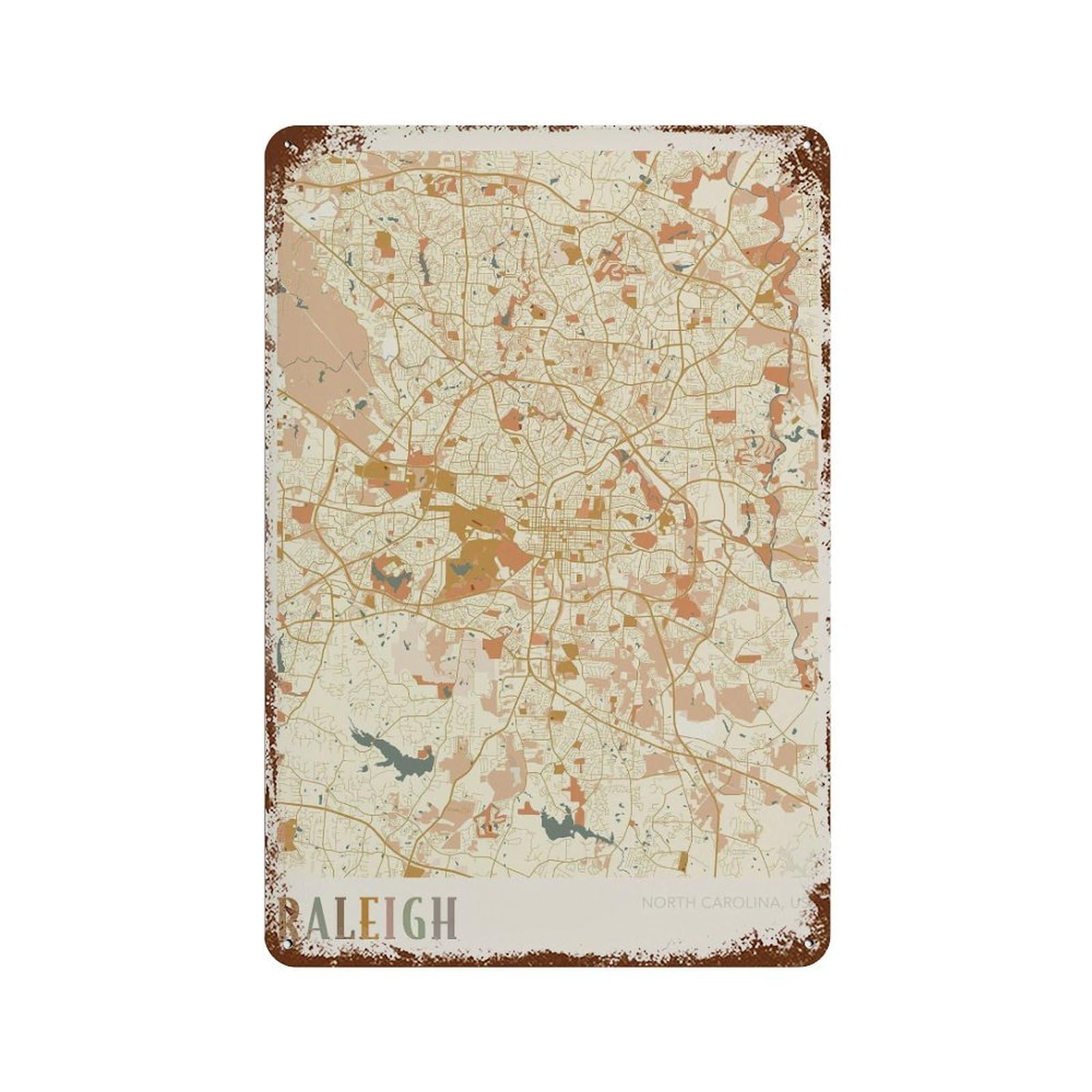 xiaoxiaoshen Raleigh Map North Carolina Travel Gift Boho Decor Wall Decor Art Metal Tin Poster Modern Home Decor Art Home Bar Shop Decorations Vintage Sign 30x20cm