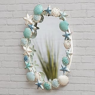 BLACK FOREST DECOR Aqua Shells & Starfish Wall Mirror - Coastal Beach Ba...