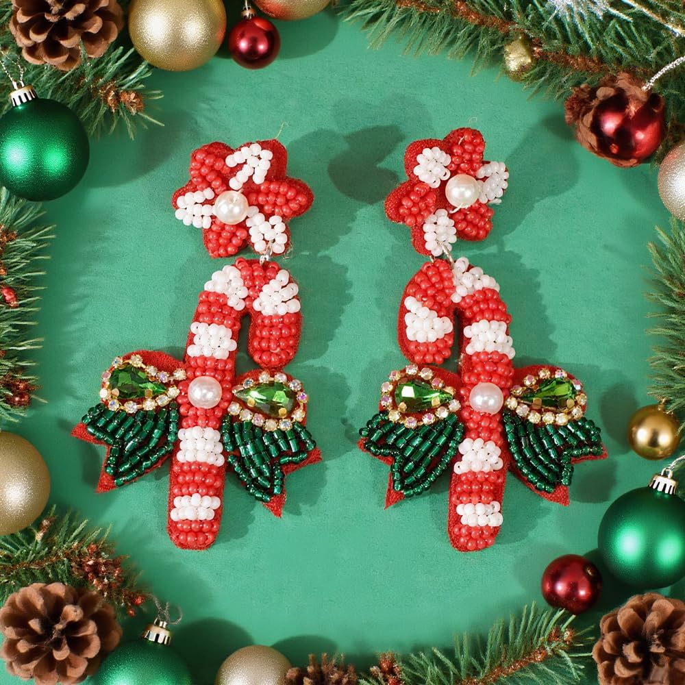 Christmas Earrings for Women Colorful Christmas Tree Candy Cane Beaded Drop Dangle Xmas Earrings Seed Beaded Red Bow Holiday Festive Jewelry Christmas Gifts for Women - Image 4