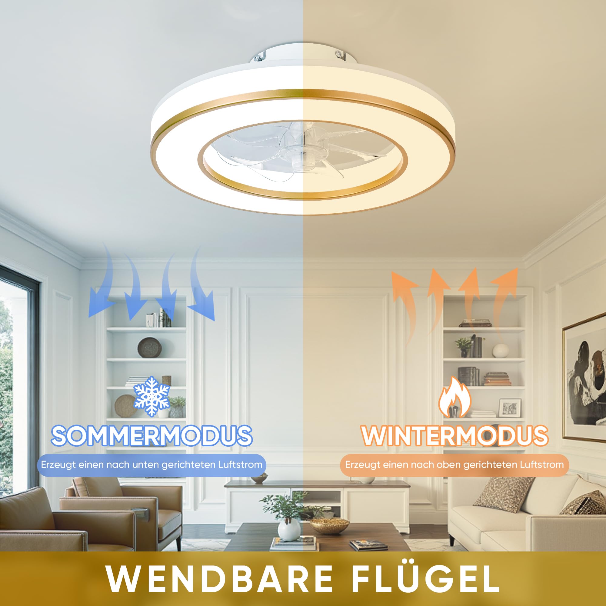 DOMANKI Deckenventilator mit Beleuchtung 42 cm RGB-Ambientelicht, Leiser DC-Motor, 6 Stufen Dimmbar, Sommer-/Wintermodus, Fernbedienung, Gold