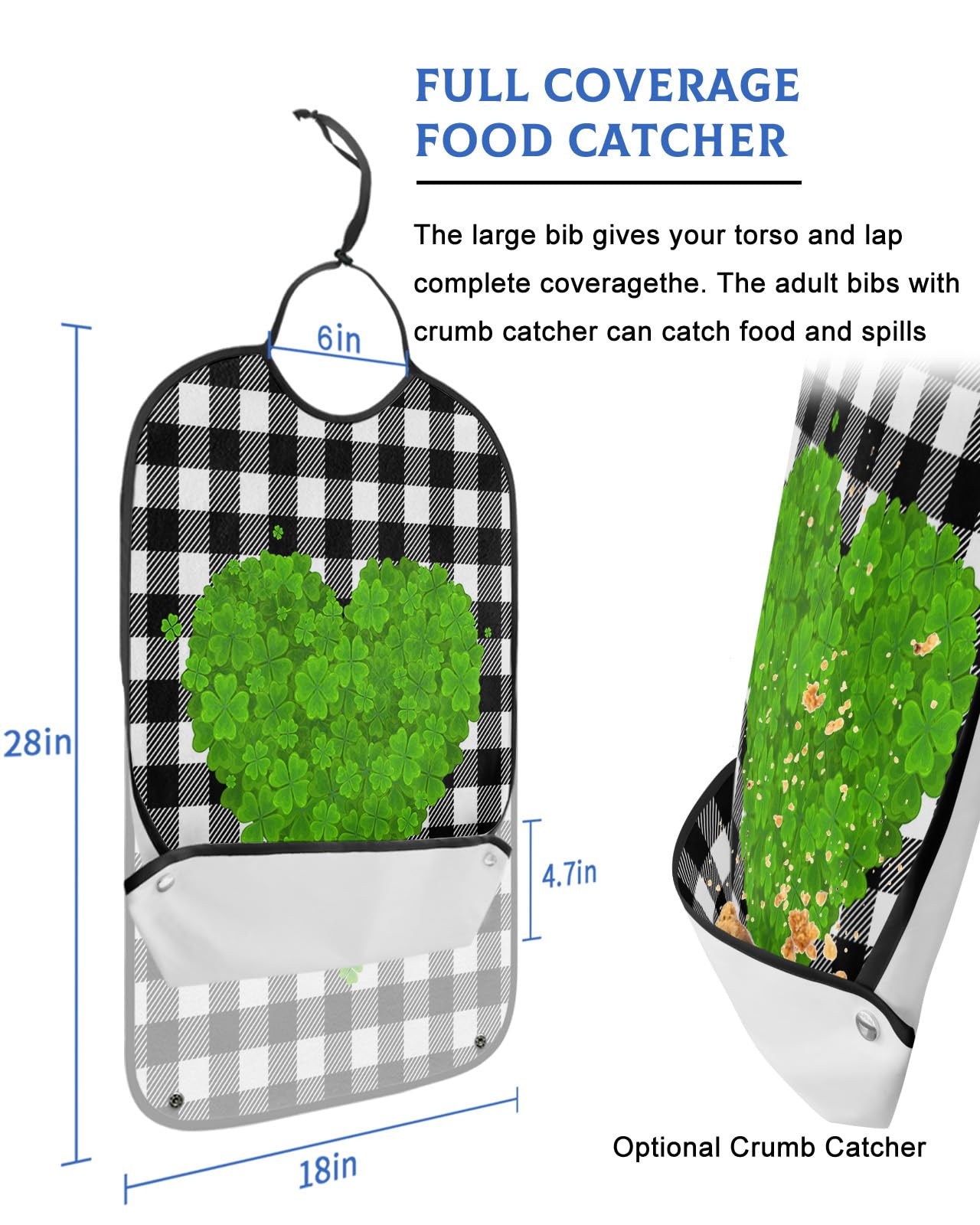 LEOKOTI St. Patrick's Day Adult Bibs for Eating, Waterproof Bibs with Food Catcher & Adjustable Snap Closure, Black White Checkered Lucky Clovers Love Heart Clothing Protectors Adult Bibs for Elderly