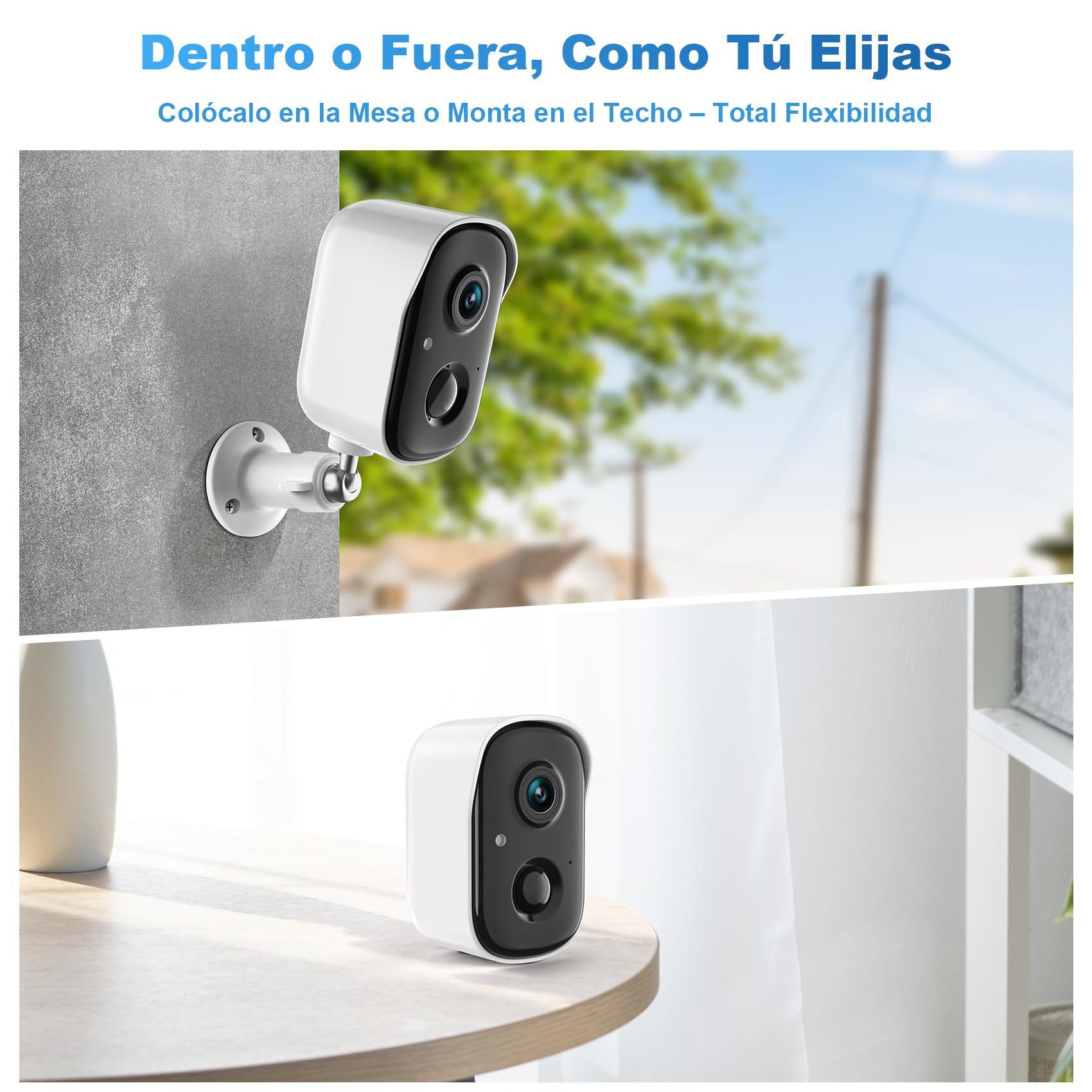 Cámara de Vigilancia Exterior/Interior WiFi - 2K HD, Visión Nocturna, con Batería, Detección de Personas/Vehiculos/Mascotas, Alarma con Luz y Sonido, IP65, Compatible con MicroSD 128GB y Cloud