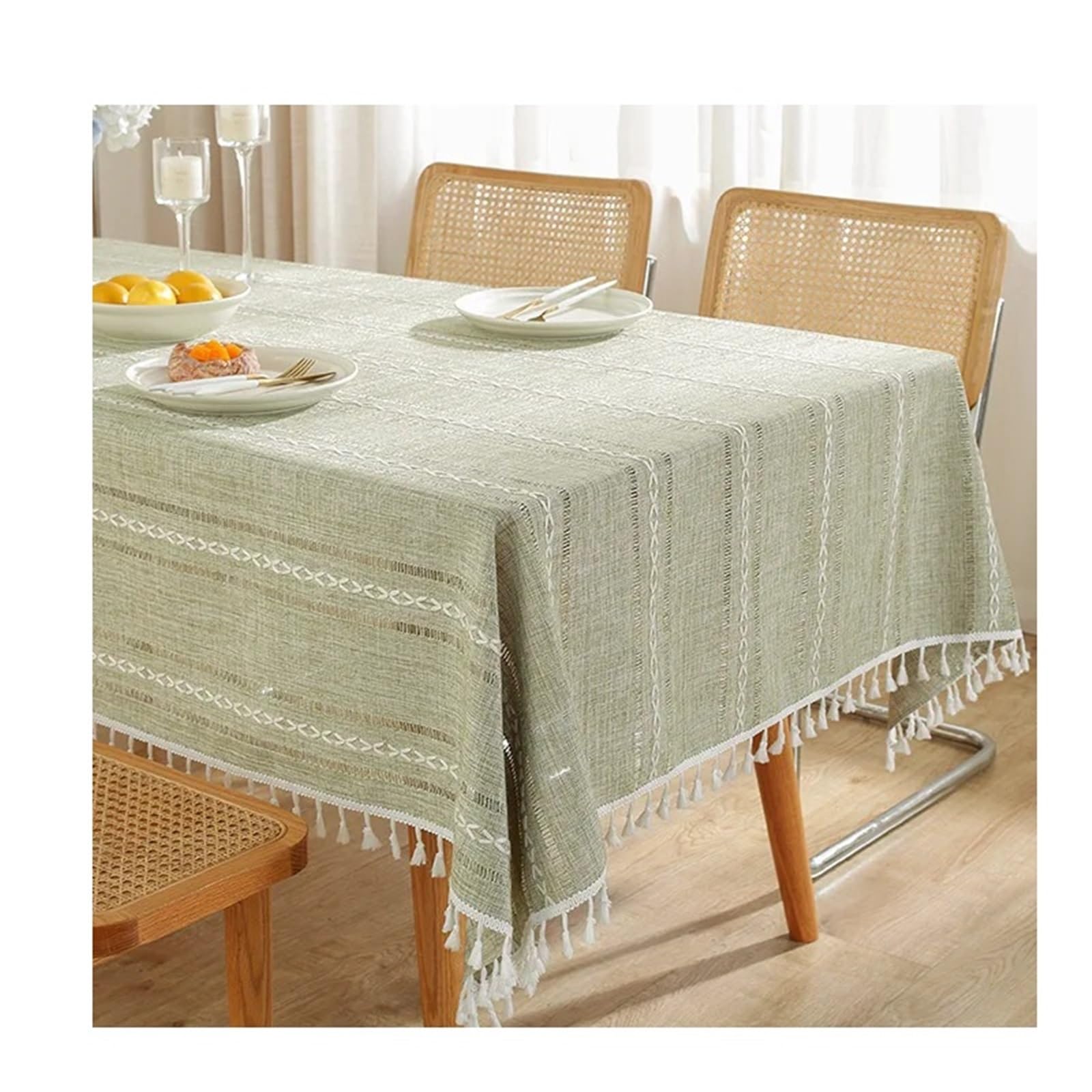 FonHNDG Striped Tablecloth Rustic Embroidery Table Cloth, Cotton Linen Stripe Tassel Tablecloth Antifouling Dust Proof Cover For Kitchen Dining Decor(Green,90x140cm)