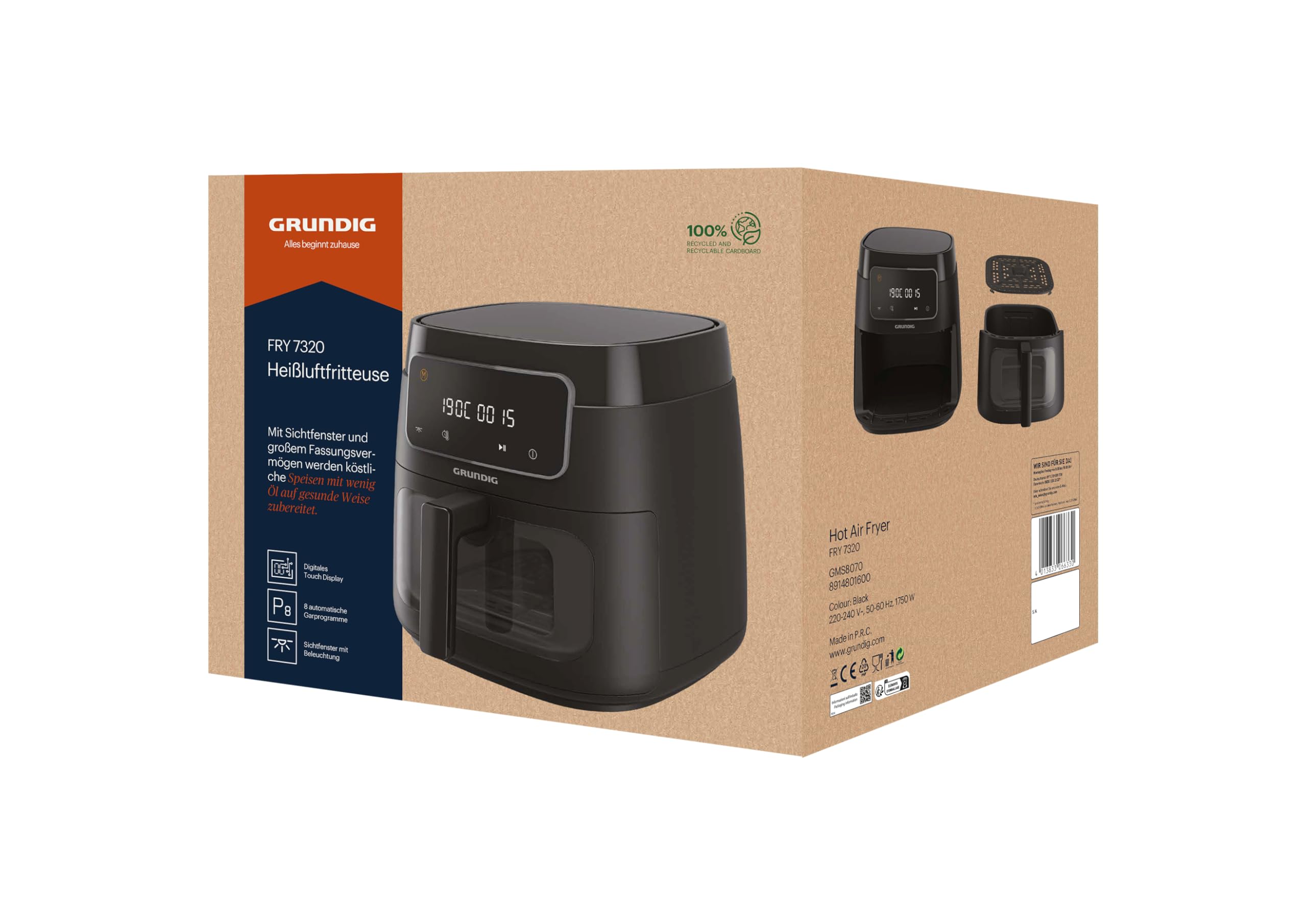 Grundig FRY 7320 Heißluftfritteuse, 7,6 l Kapazität, 1750 W, Touch-Display, großes Sichtfenster, Temperatur- und Zeiteinstellung, Antihaftbeschichtung, spülmaschinengeeigneter Korb, Schwarz