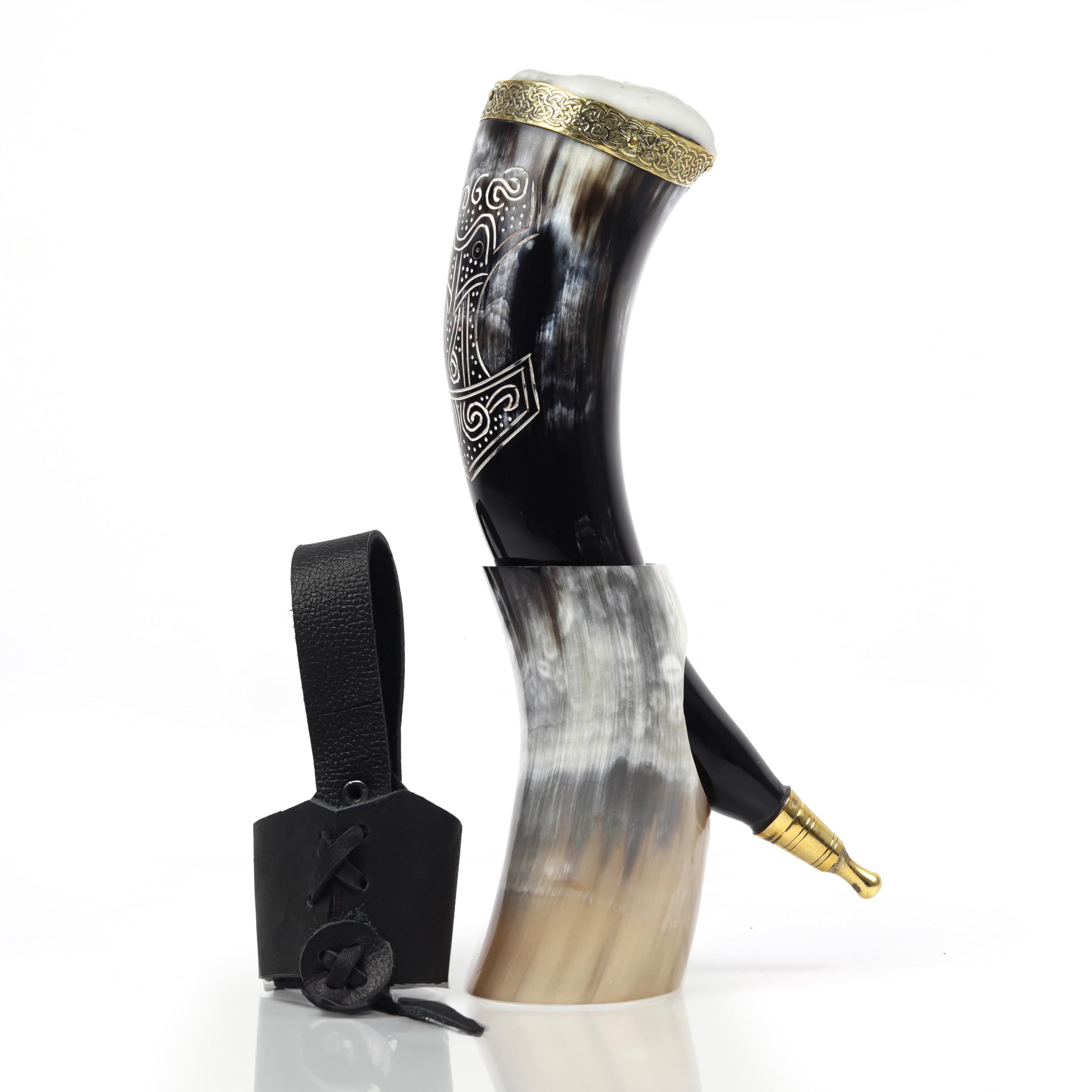 HORNART - Viking Drinking Horn, Viking Drinking Horn Set With Stand, Viking Drinking Horn With Strap, Viking Horn Cups For Drinking, Horn Mug, Large Size 14oz, Ox Horn Beer Mug. (Thor), 12-16oz