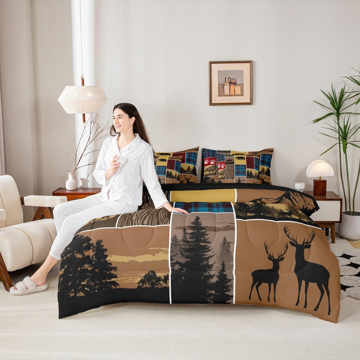 Erosebridal Bear Bed in A Bag Twin 7 Pieces, 1 Deer Moose Comforter + 1 Rustic Farmhouse Fitted Sheet + 1 Claw Wildlife Flat Sheet + 2 Vintage Country Pillow Cases + 2 Adventure Throw Pillow Covers