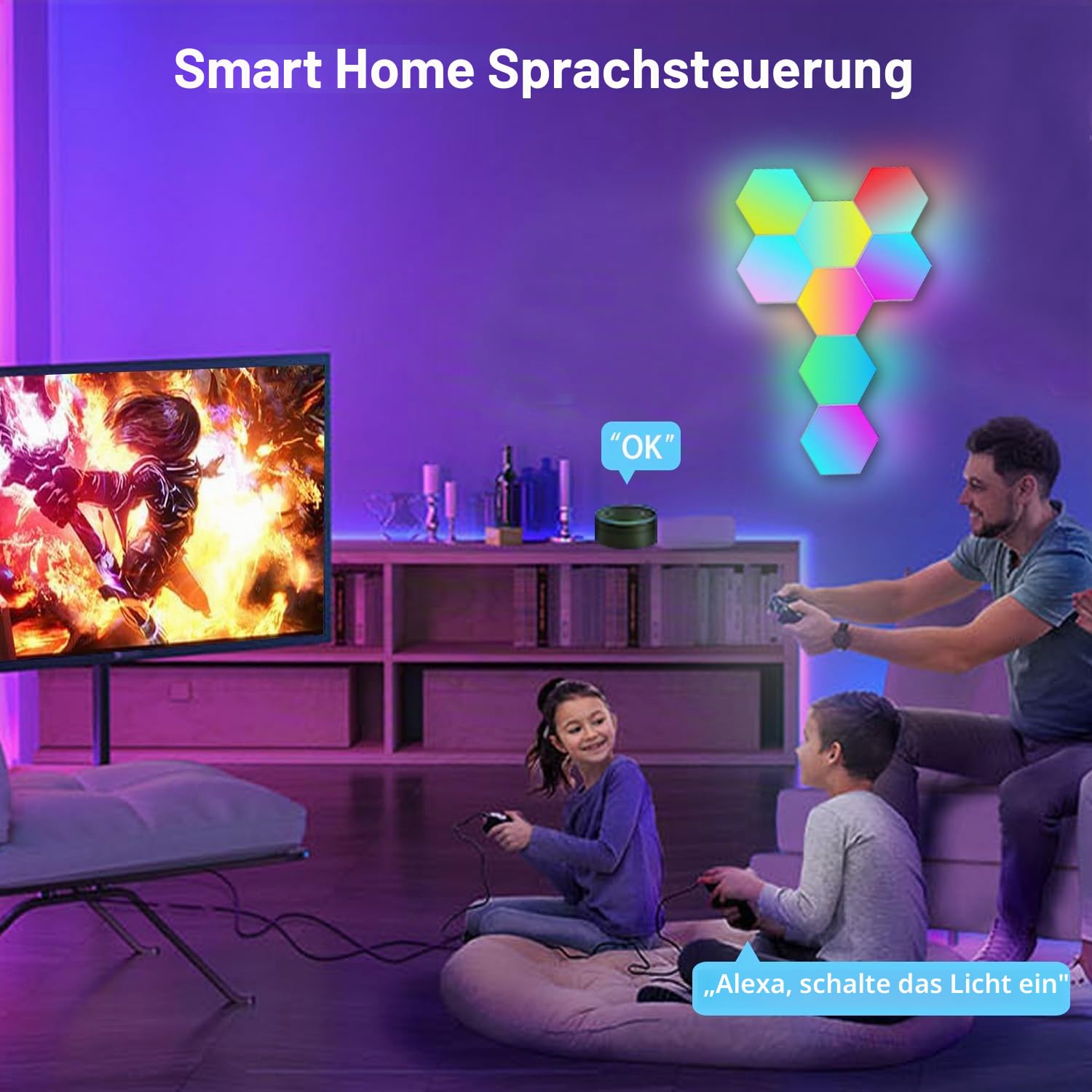 Hexagon LED Panel Große, Smart Home Gaming LED Sechseck Wandleuchte RGBIC Funktioniert mit Alexa Google Assistant, Sprach-/App-Steuerung, Musik-Sync, DIY Zimmer Deko für Gaming Wohnzimmer, 10 Paneele