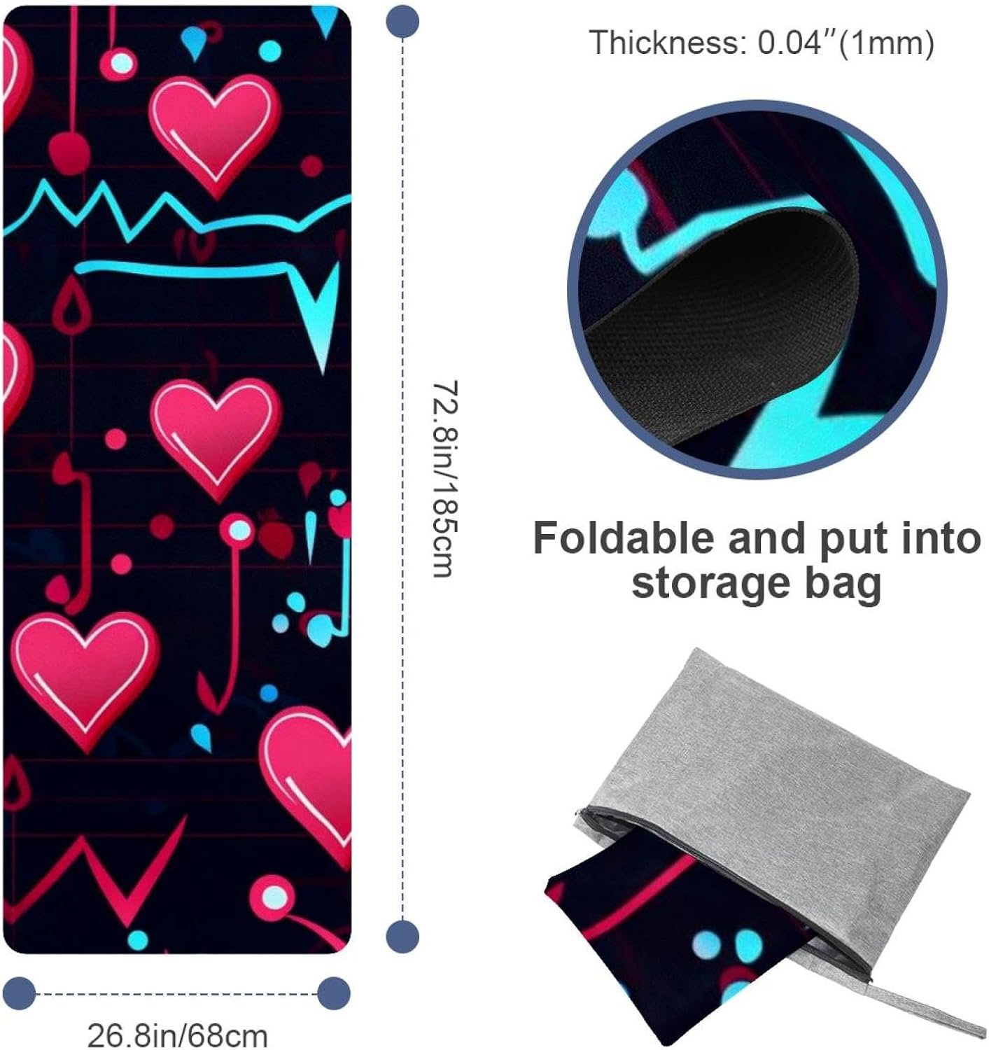 Yoga Towel, Love Heart Pattern Non Slip Sweat Absorbent Hot Yoga Mat Towel for Hot Yoga, Pilates and Fitness - 72.8" x 26.8"