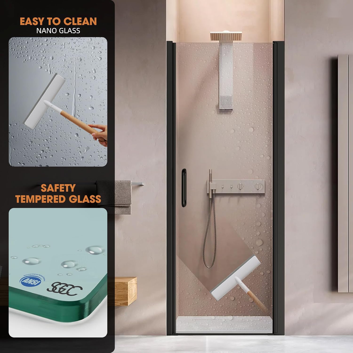 Frameless Pivot Shower Door 34"- 35.5" W x 76" H, Single Swing Glass Shower Door with 1/4" Tempered Glass, 180° in & Out Opening, Magnetic Closing, Reversible Installation, Matte Black