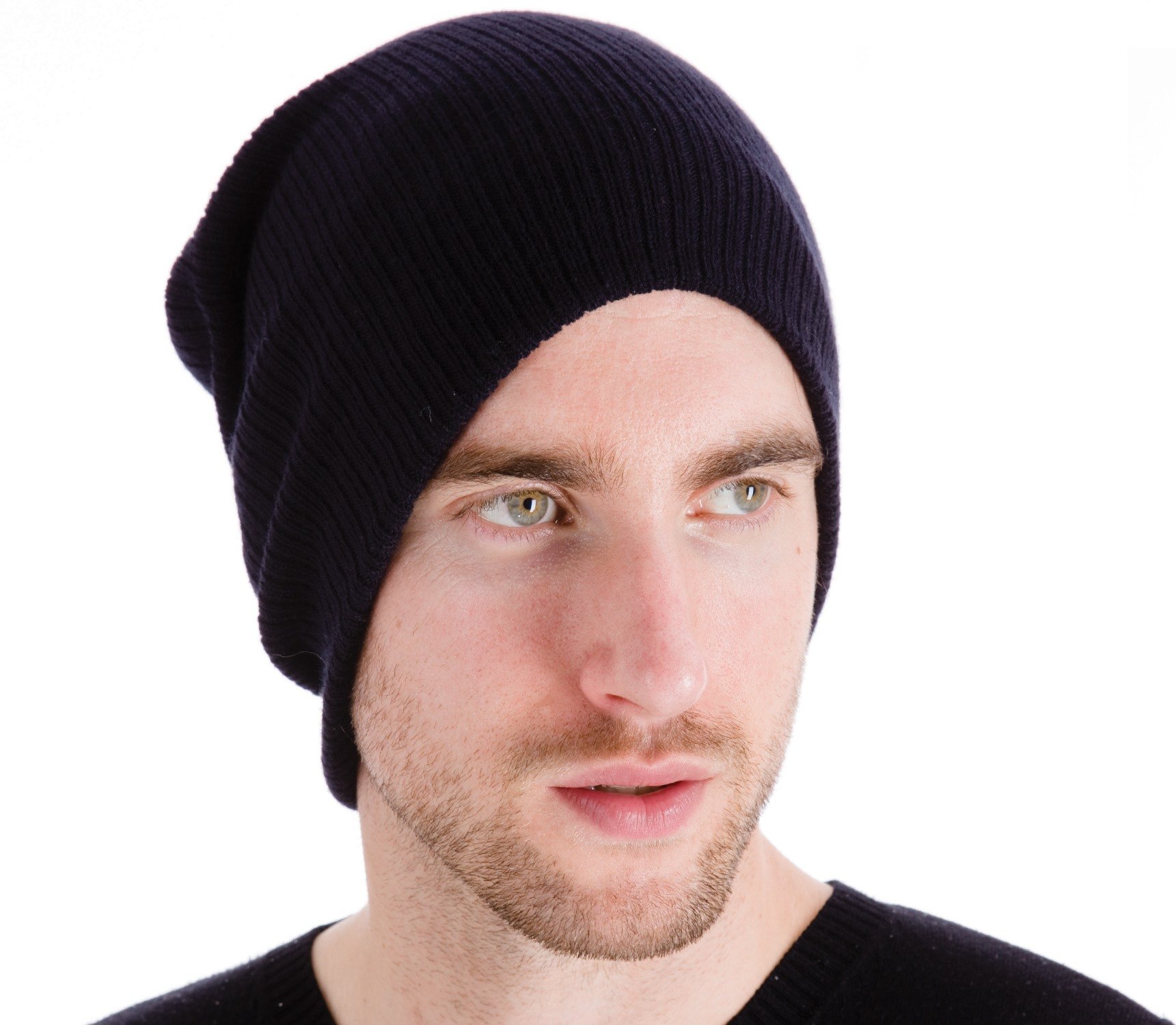 Oversized Slouch Beanie Hat Stretchy Ribbed Knitted Unisex Winter Warm - Black