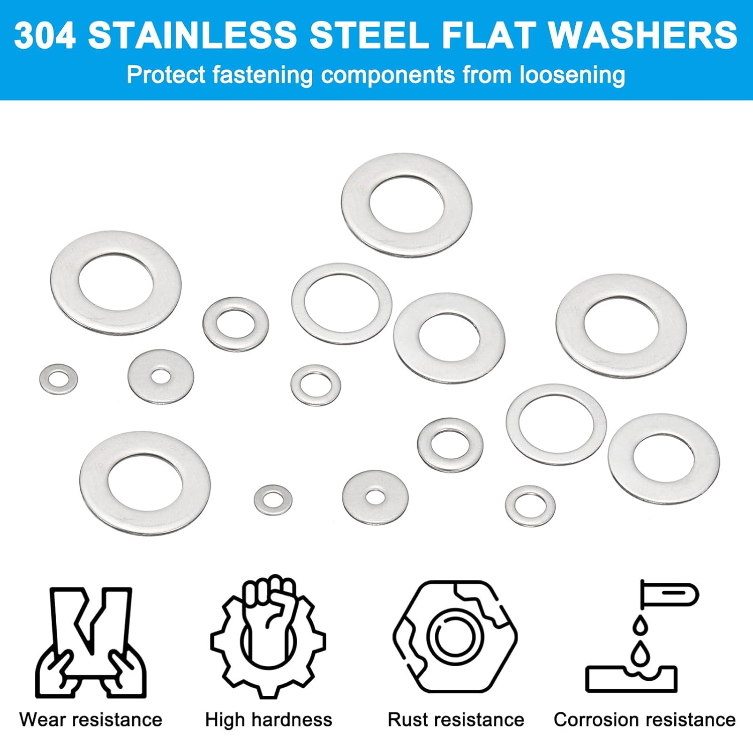 304 Stainless Steel Flat Washer, 10 Pack 1/2" ID x 8/9" OD x 0.08" Thickness Metal Fender Washers Lock Washers for Screws Bolts Assortment