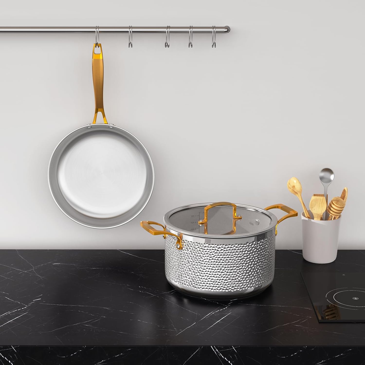 Stainless Steel Pots and Pans Set, Tri-Ply Hammered Kitchen Cookware with Glass Lids, Induction Compatible, Non-Coated, Non-Toxic, 3-Piece