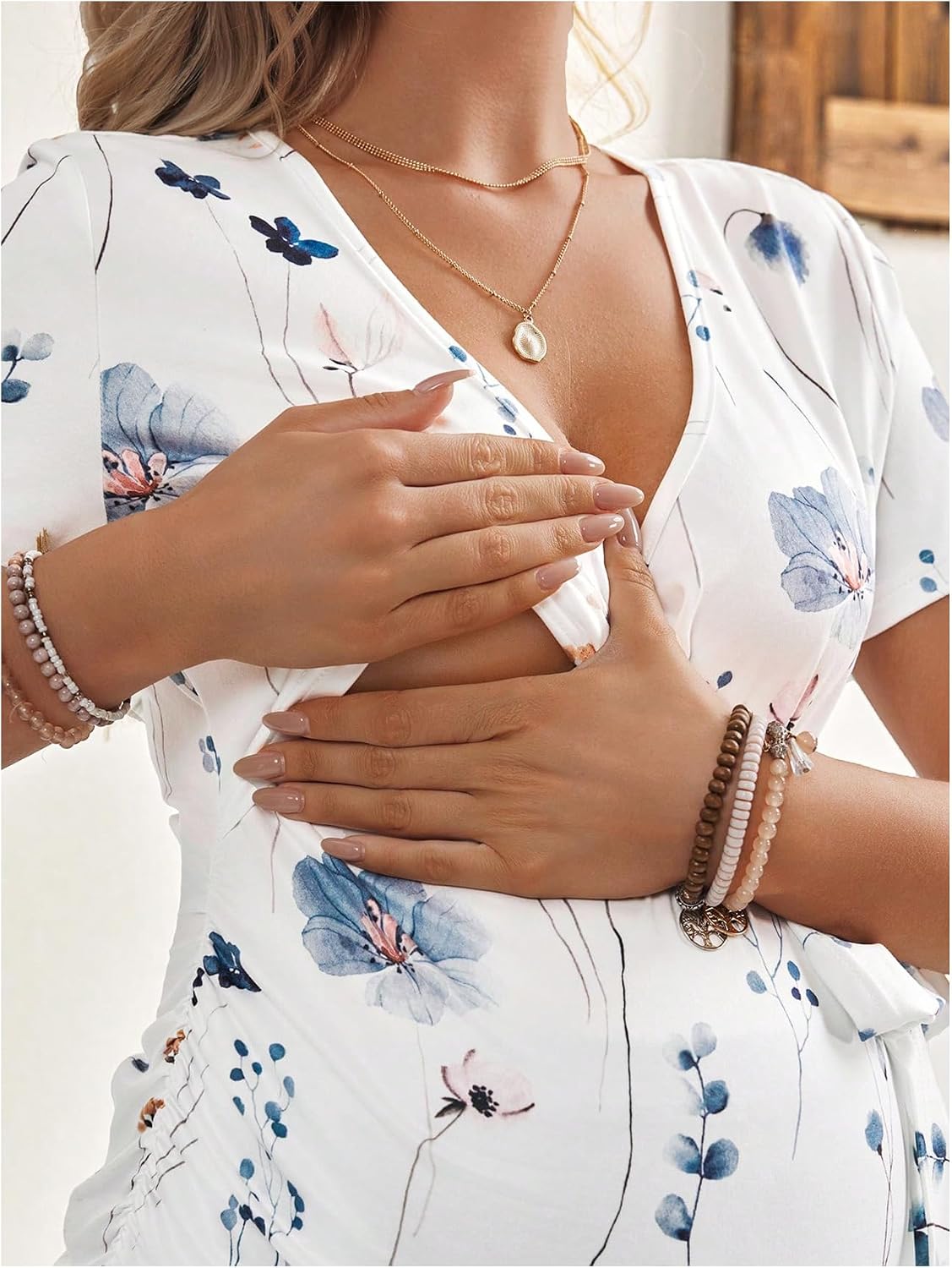 SHENHE Women's Maternity Nursing Top Short Sleeve Wrap Breastfeeding Shirt Ruched Floral Top