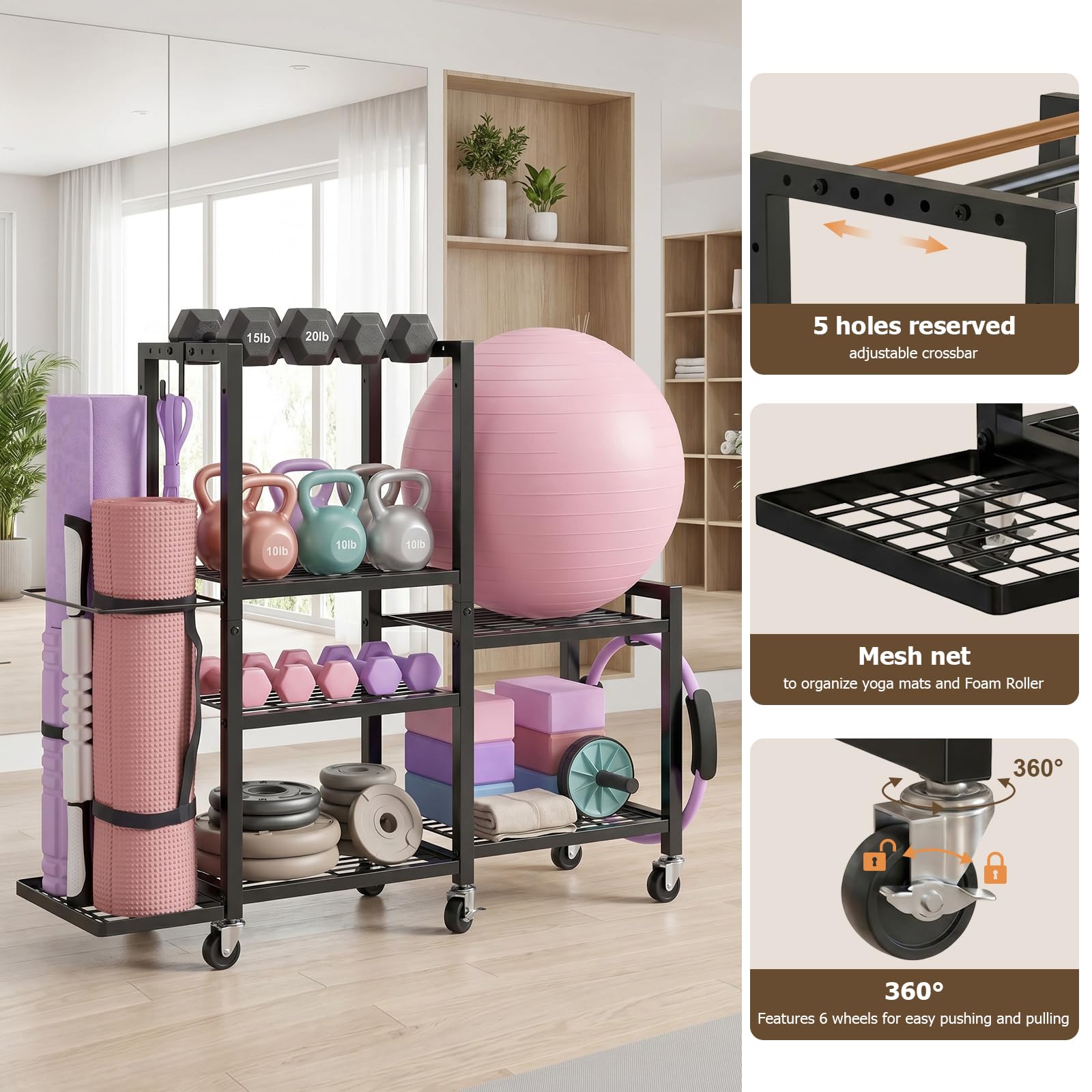 6-Stufiger Home Gym Equipment Hantelständer, Heimgymnastik Aufbewahrungsregal Aufbewahrungsständer Yogamattenhalter, Multifunktionale Hantelablage, Yogamatte Organizer mit Rädern und Haken