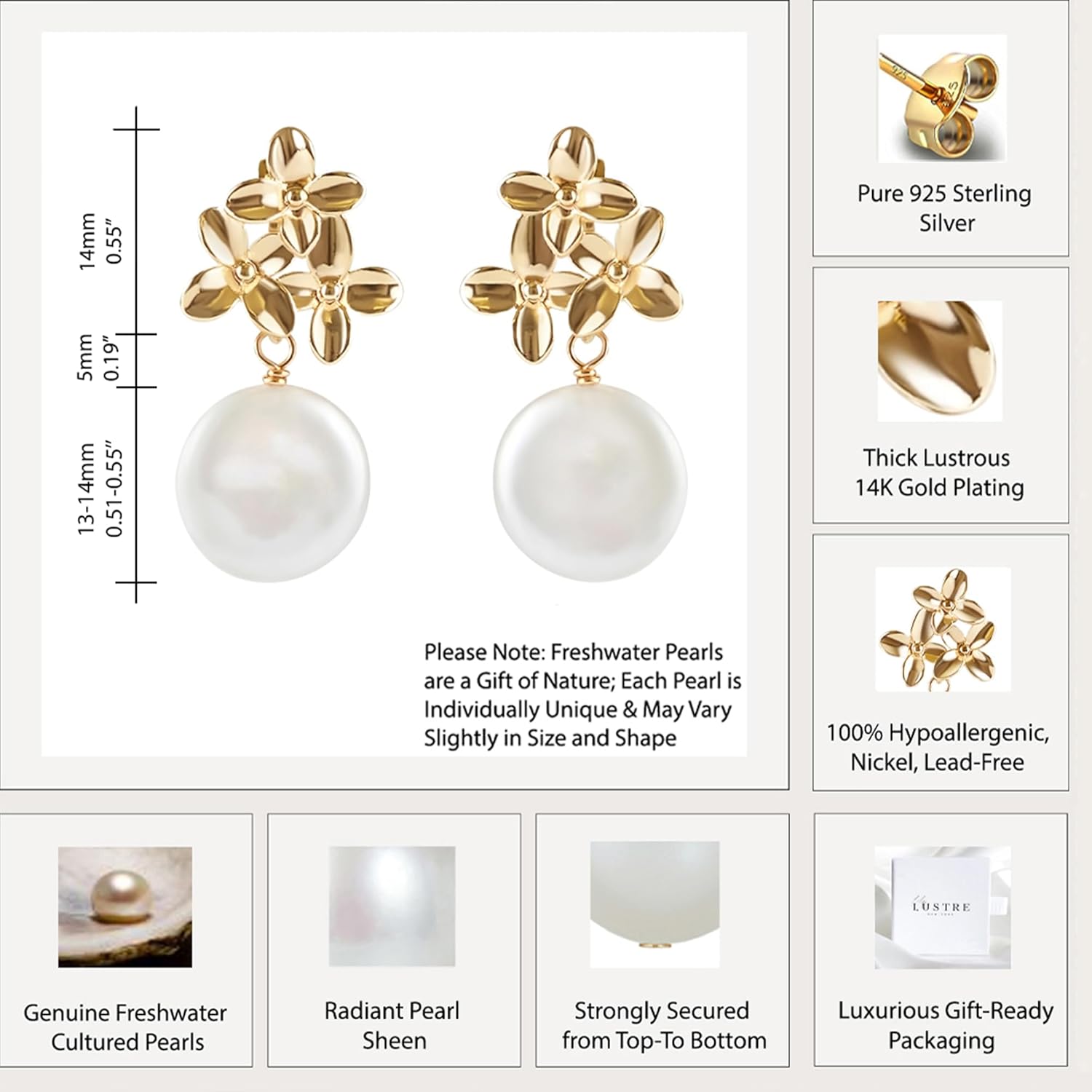 LILY LUSTRE Pearl Flower Stud Earrings | 14k Gold/Rose Gold Plated 925 Sterling Silver Handpicked AAAA Quality Natural Freshwater Cultured Pearl Drop & Coin Shape Dangle Floral Earrings for Women - Image 4