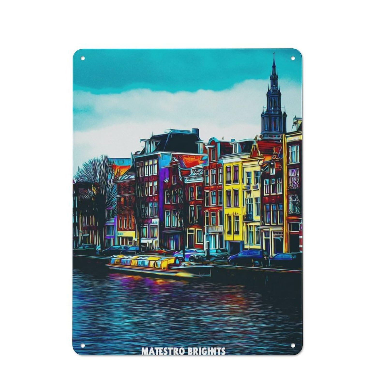 Junmoney Colorful Amsterdam Canal Scene Retro-Style Tin Sign 40X30cm For Home Bar Wall, With Clear Retro Wall Decor Character